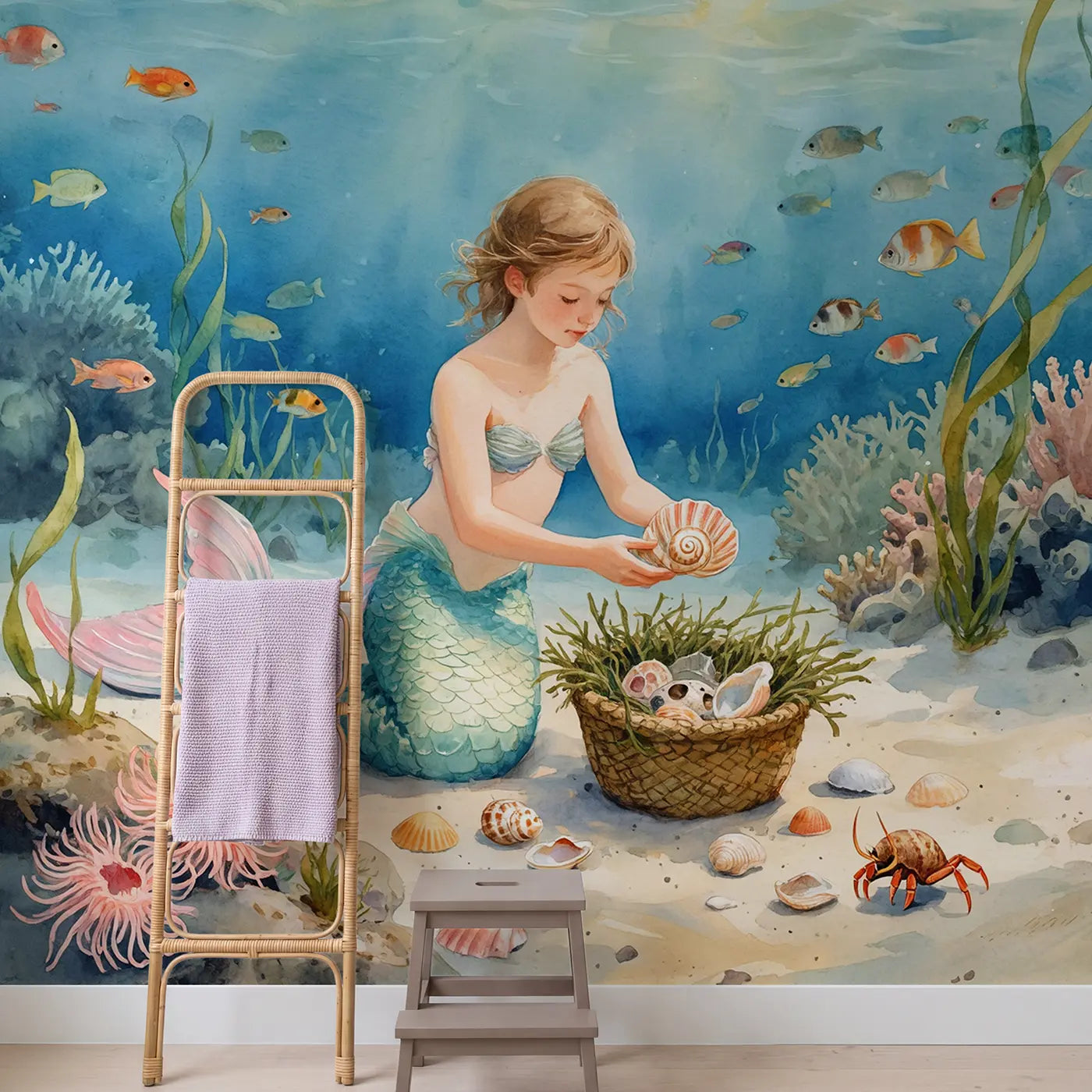 Shell Collecting Mermaid Wallpaper Mural in playroom setting by Whimsy Tots