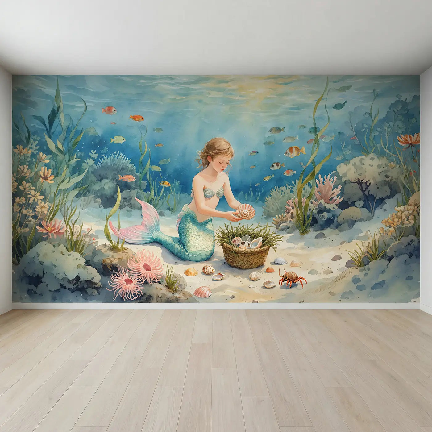 Full view of Shell Collecting Mermaid Wallpaper Mural by Whimsy Tots