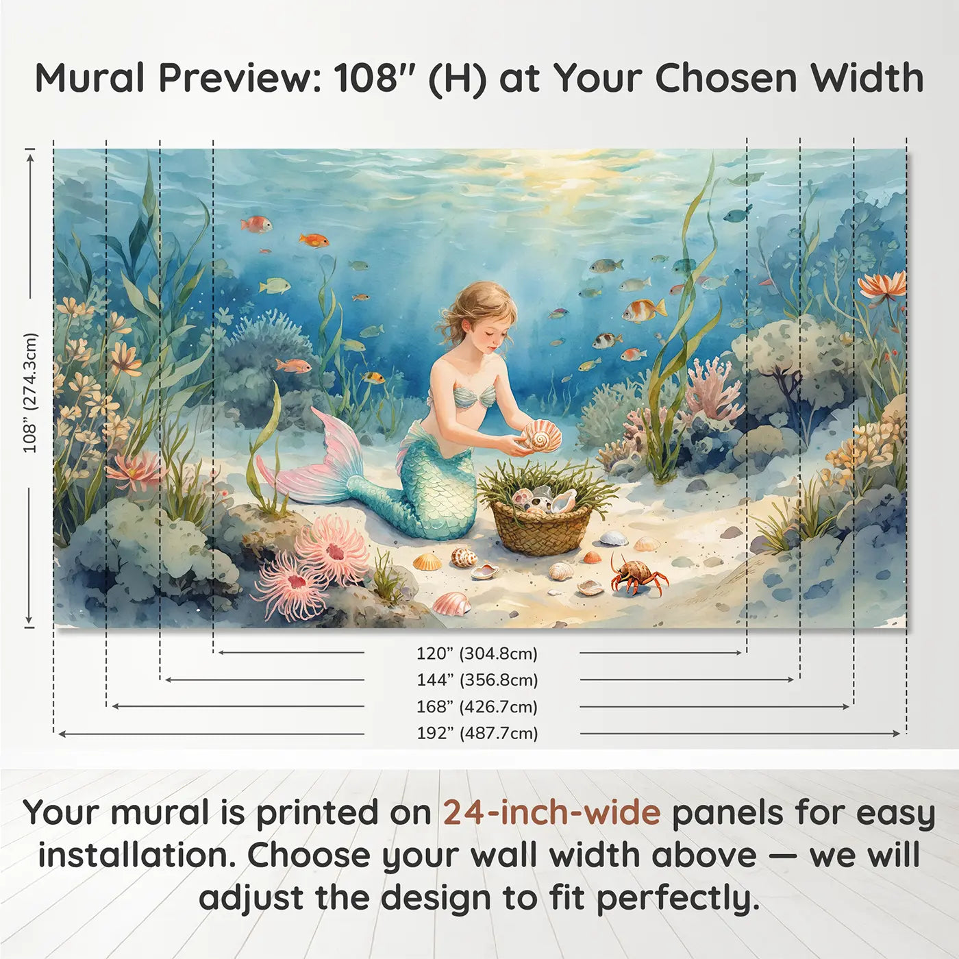 Panel layout and dimensions for Shell Collecting Mermaid Wallpaper Mural by Whimsy Tots