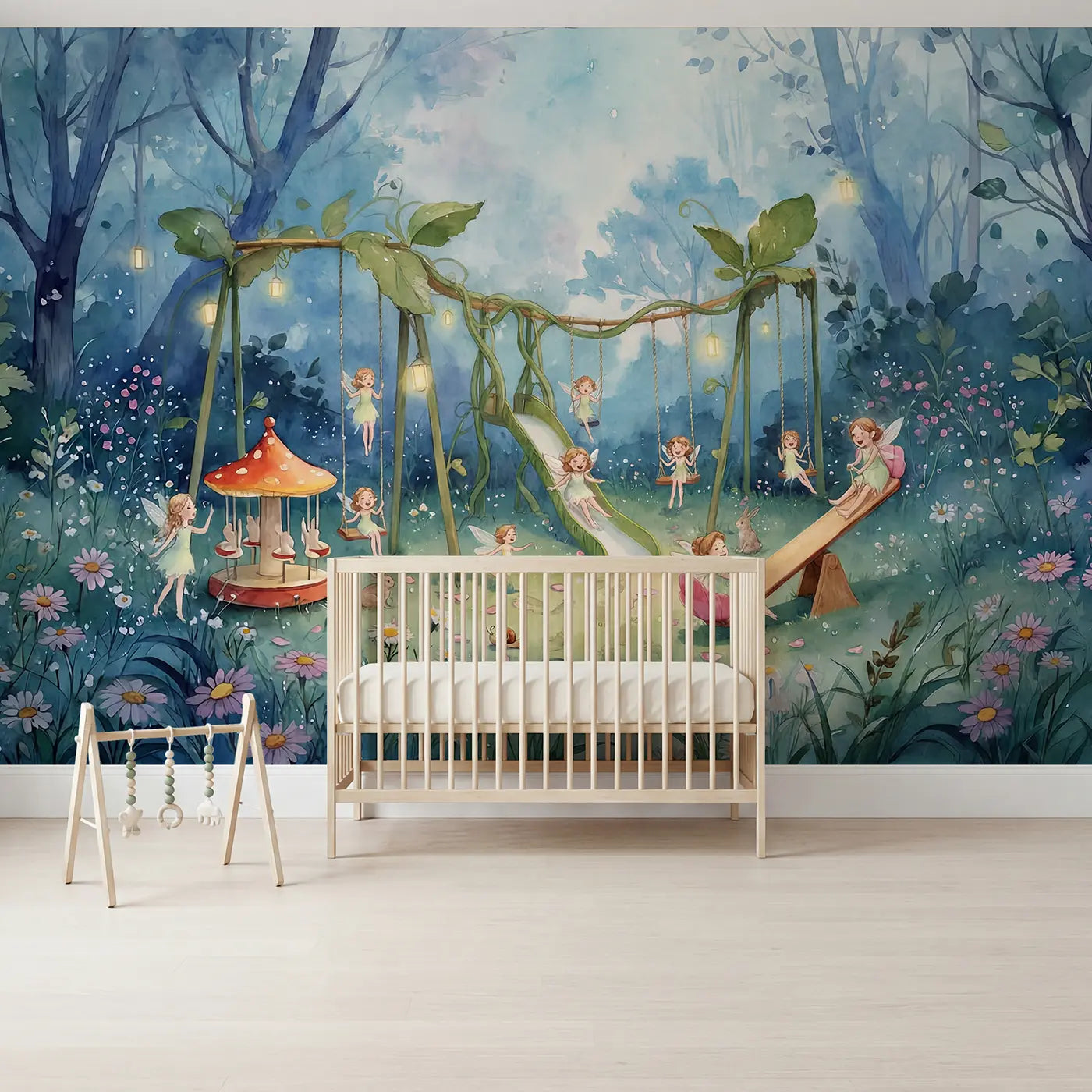 Watercolor fairy silk toadstool playground wallpaper mural for nursery by Whimsy Tots