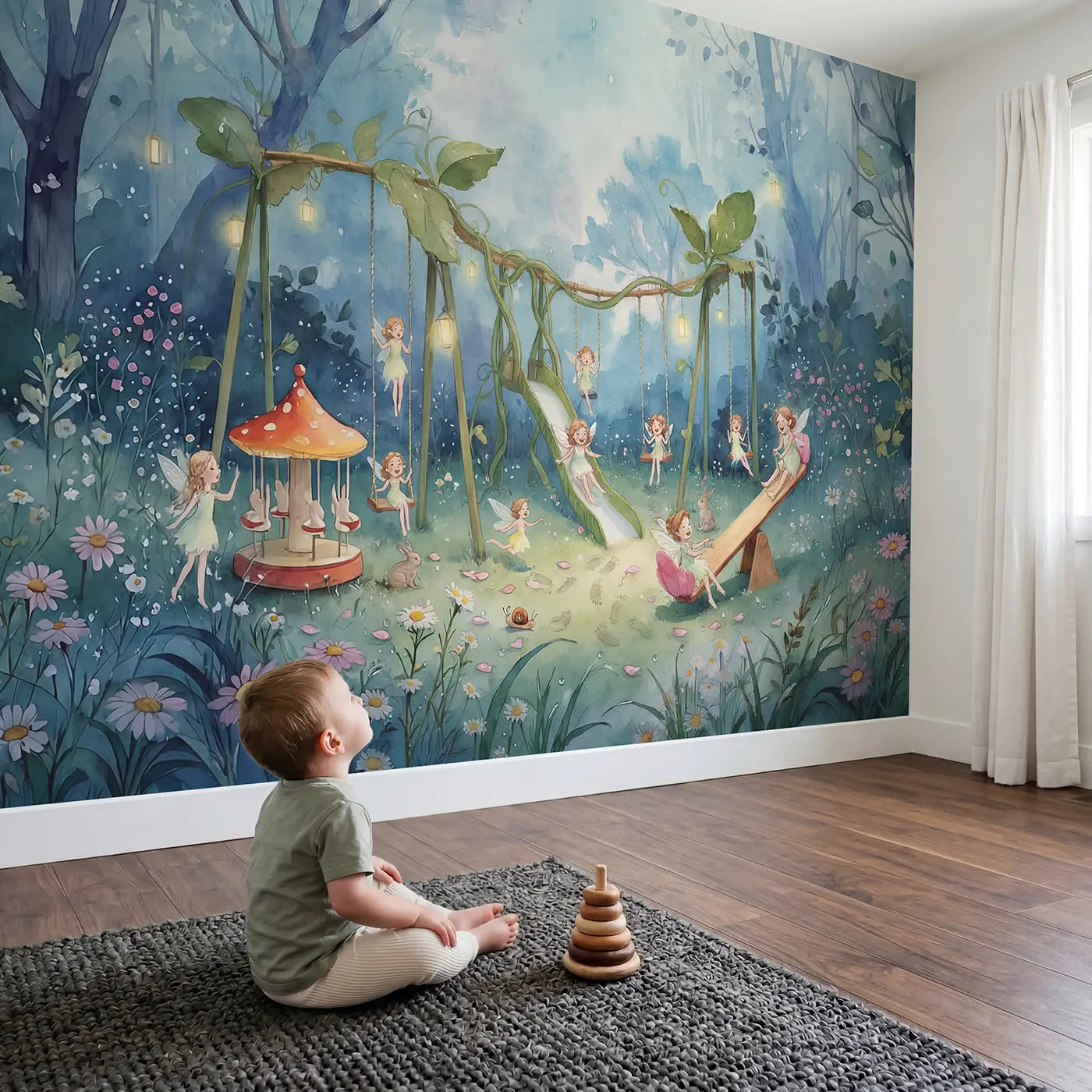 Child in nursery with Fairy Silk Playground Wallpaper Mural by Whimsy Tots