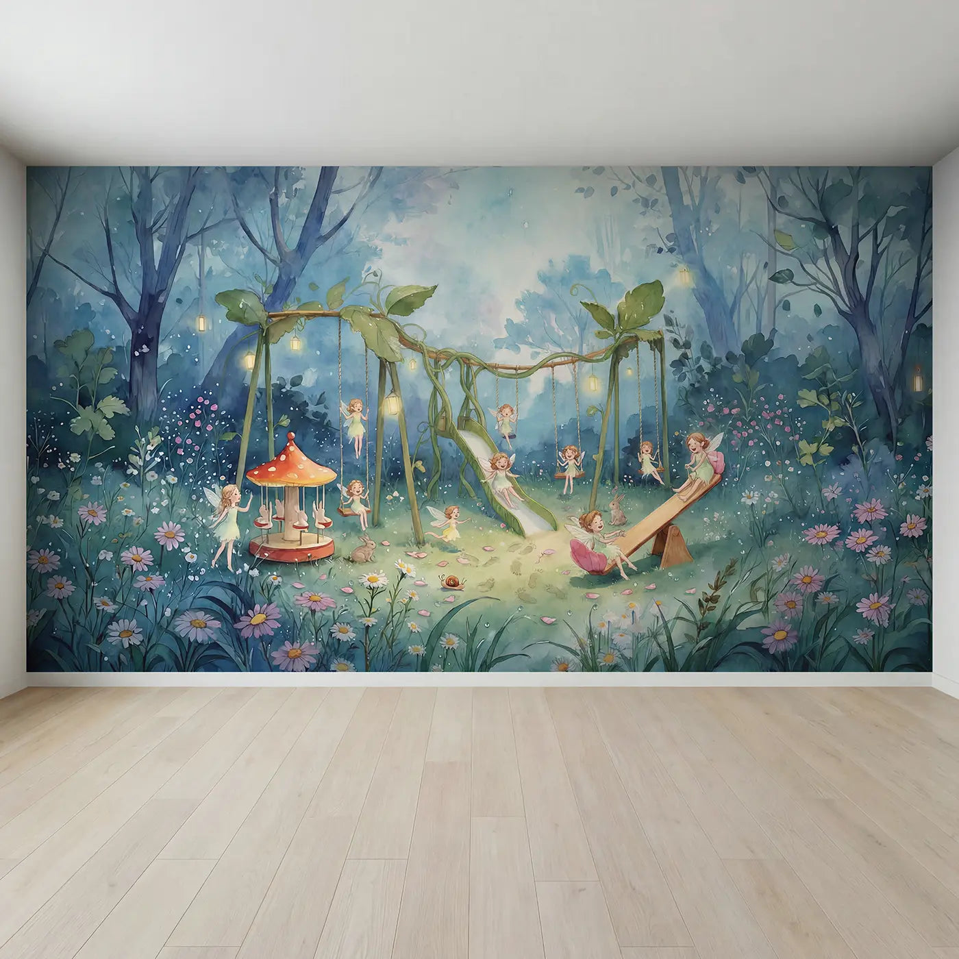 Full view of Fairy Silk Playground Wallpaper Mural by Whimsy Tots