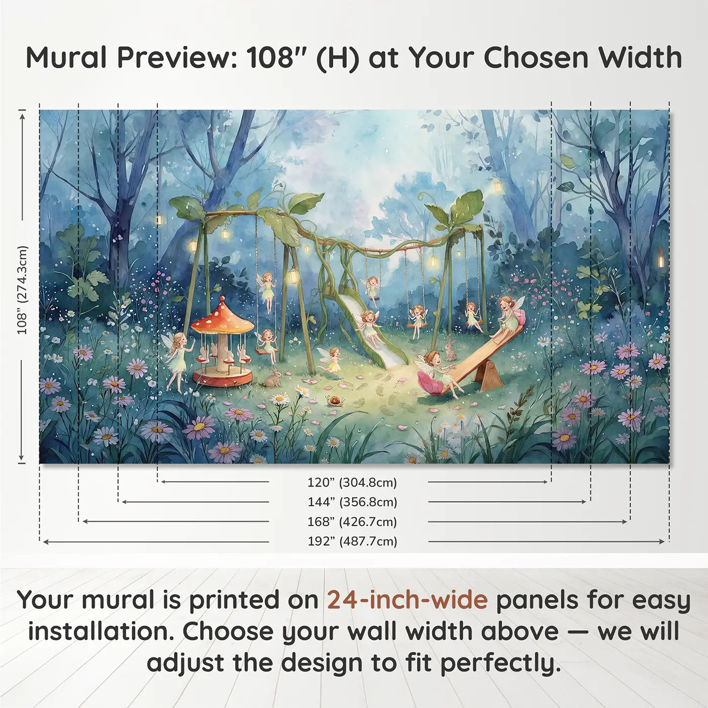 Panel layout and dimensions for Fairy Silk Playground Wallpaper Mural by Whimsy Tots