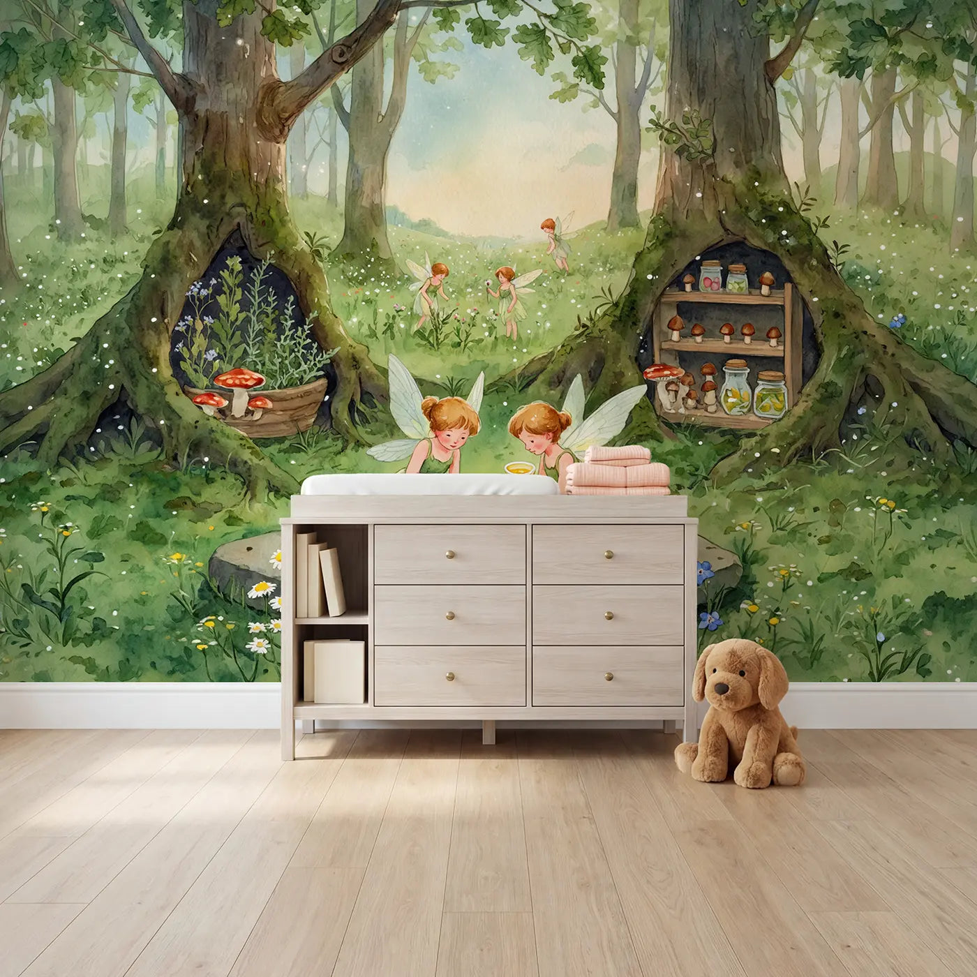 Watercolor fairy bird healers wallpaper mural for girls room by Whimsy Tots