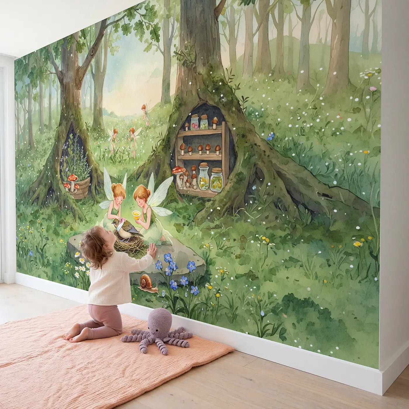 Child in nursery with Fairy Bird Healers Wallpaper Mural by Whimsy Tots