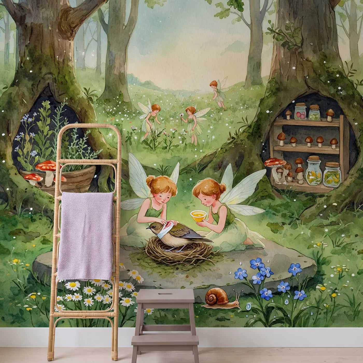 Fairy Bird Healers Wallpaper Mural in playroom setting by Whimsy Tots