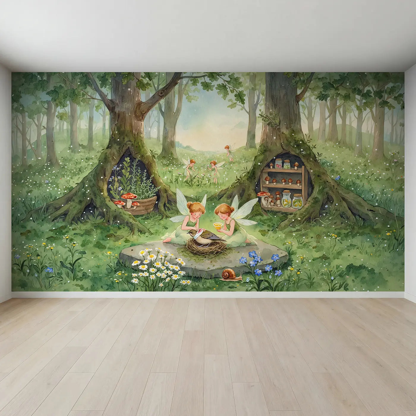 Full view of Fairy Bird Healers Wallpaper Mural by Whimsy Tots