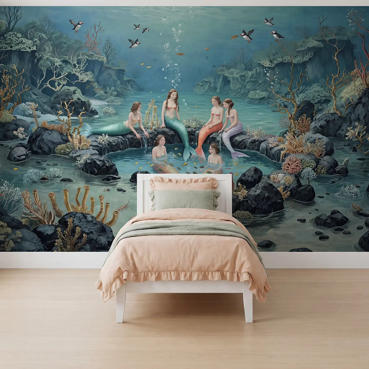 Botanical Elegance mermaid hot spring spa wallpaper mural for girls room by Whimsy Tots