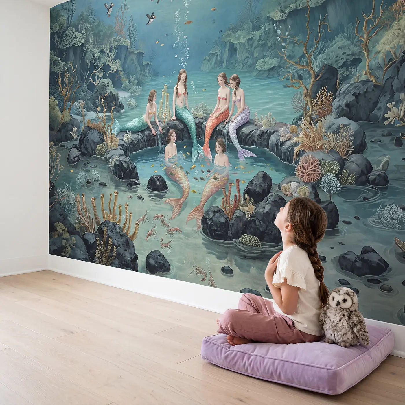 Child in nursery with Mermaid Hot Spring Spa Wallpaper Mural by Whimsy Tots