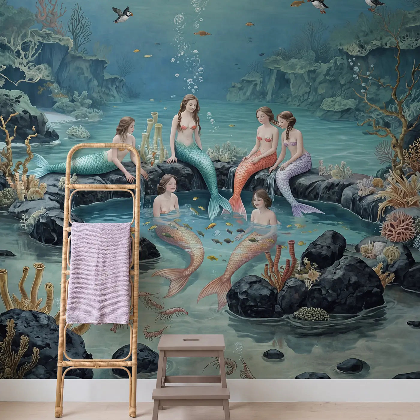 Mermaid Hot Spring Spa Wallpaper Mural in playroom setting by Whimsy Tots
