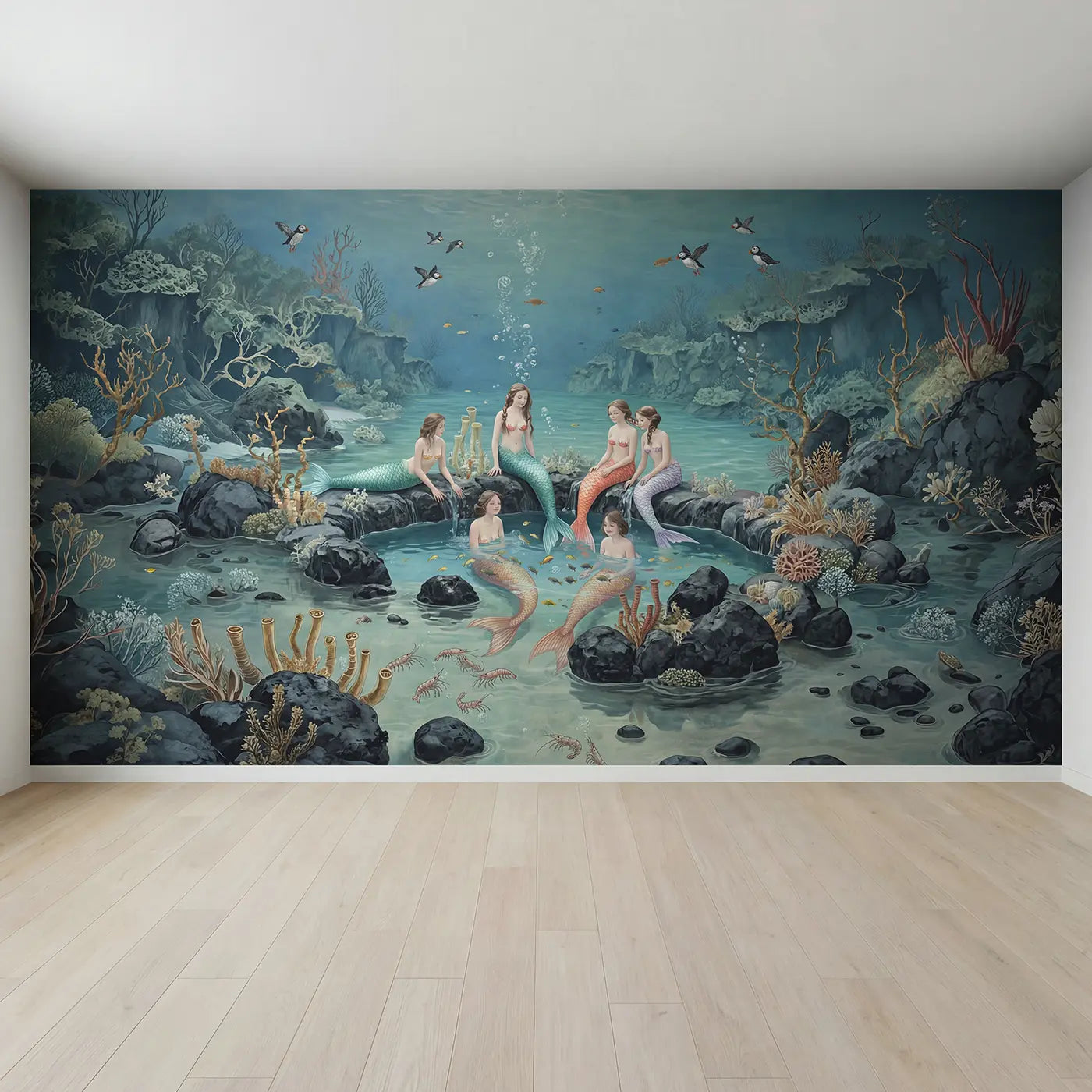 Full view of Mermaid Hot Spring Spa Wallpaper Mural by Whimsy Tots