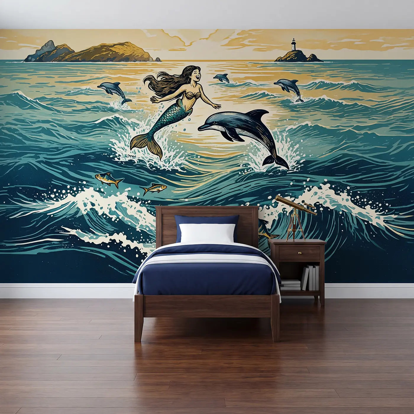 block print mermaid dolphin ocean play wallpaper mural for kids room by Whimsy Tots