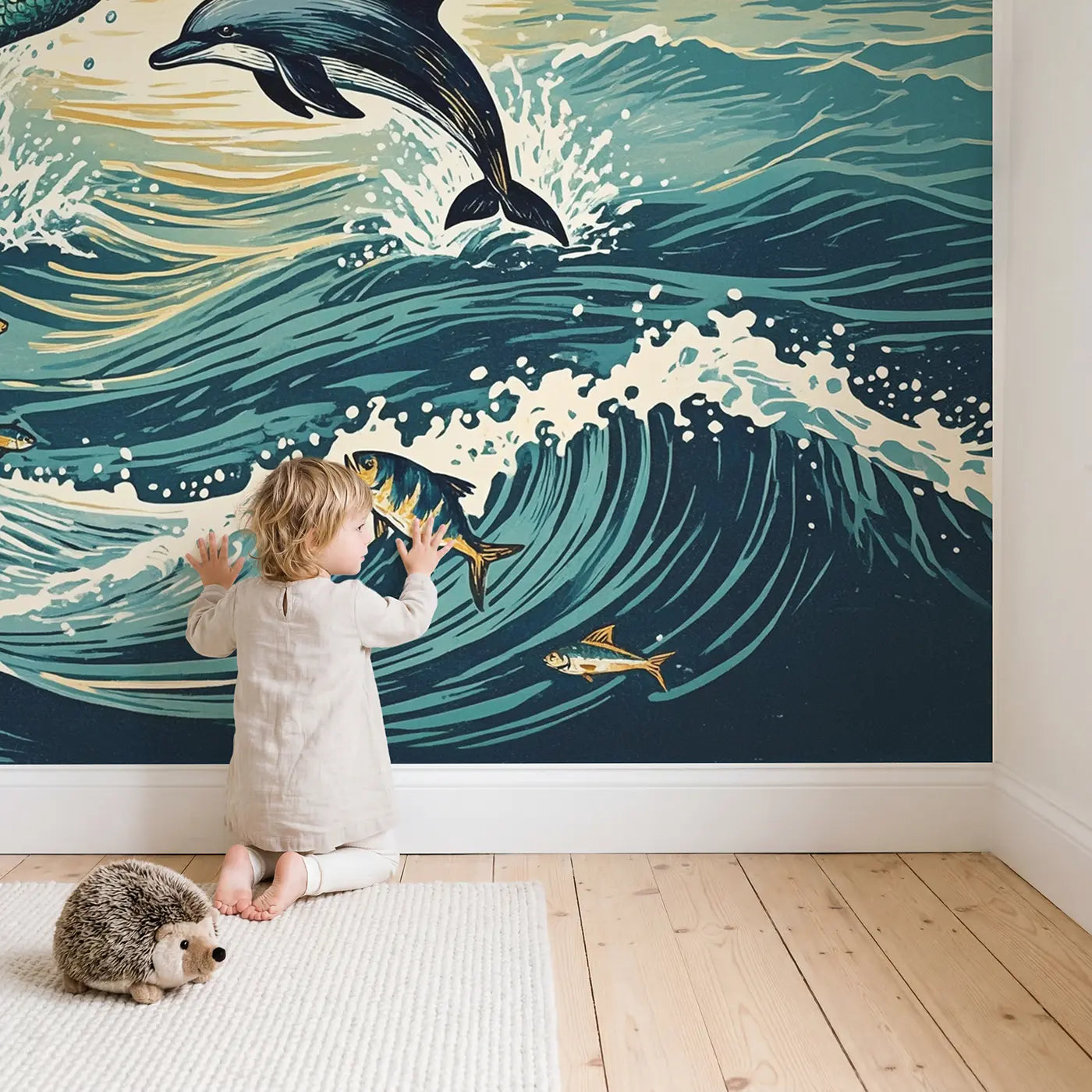 Child in nursery with Mermaid Dolphin Ocean Play Wallpaper Mural by Whimsy Tots
