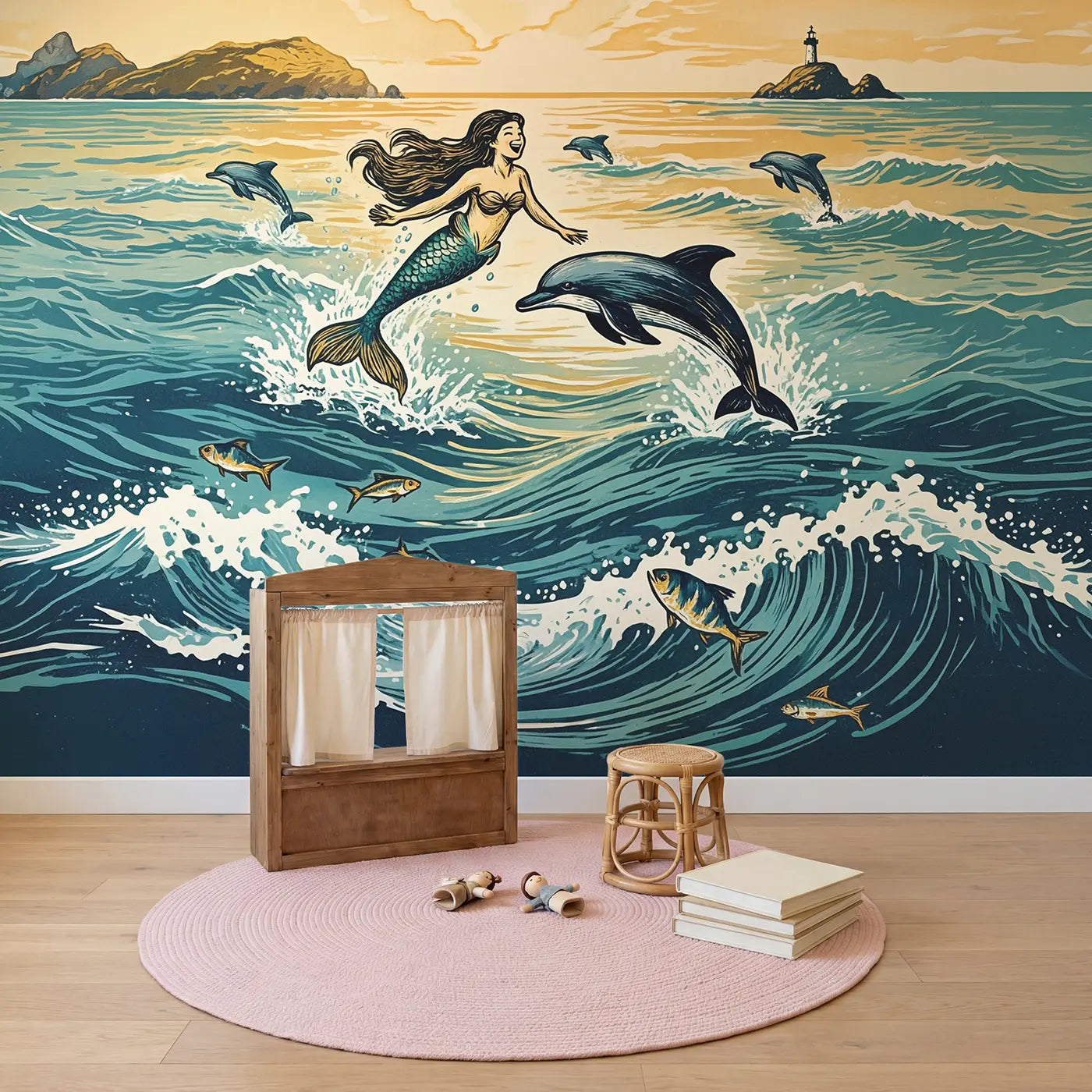 Mermaid Dolphin Ocean Play Wallpaper Mural in playroom setting by Whimsy Tots
