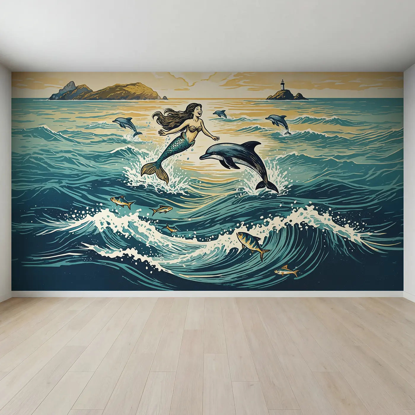 Full view of Mermaid Dolphin Ocean Play Wallpaper Mural by Whimsy Tots