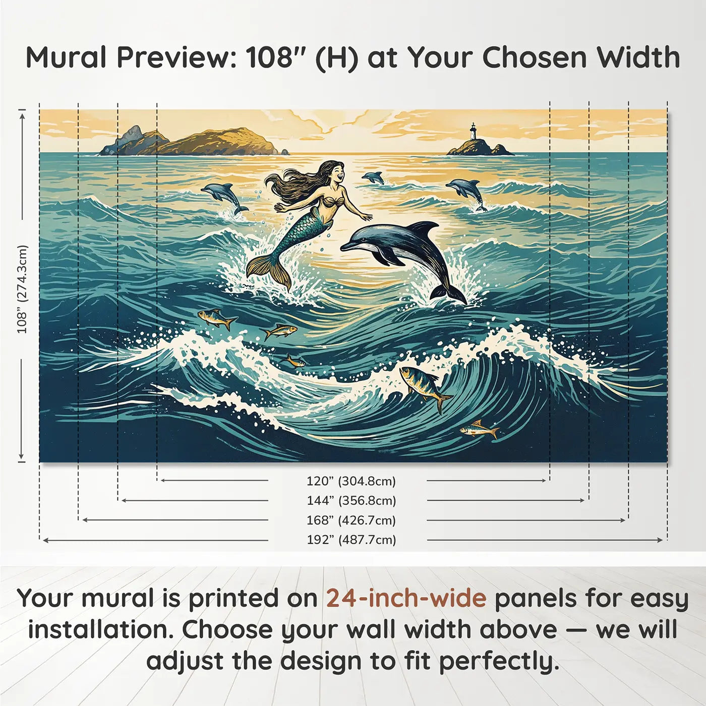 Panel layout and dimensions for Mermaid Dolphin Ocean Play Wallpaper Mural by Whimsy Tots