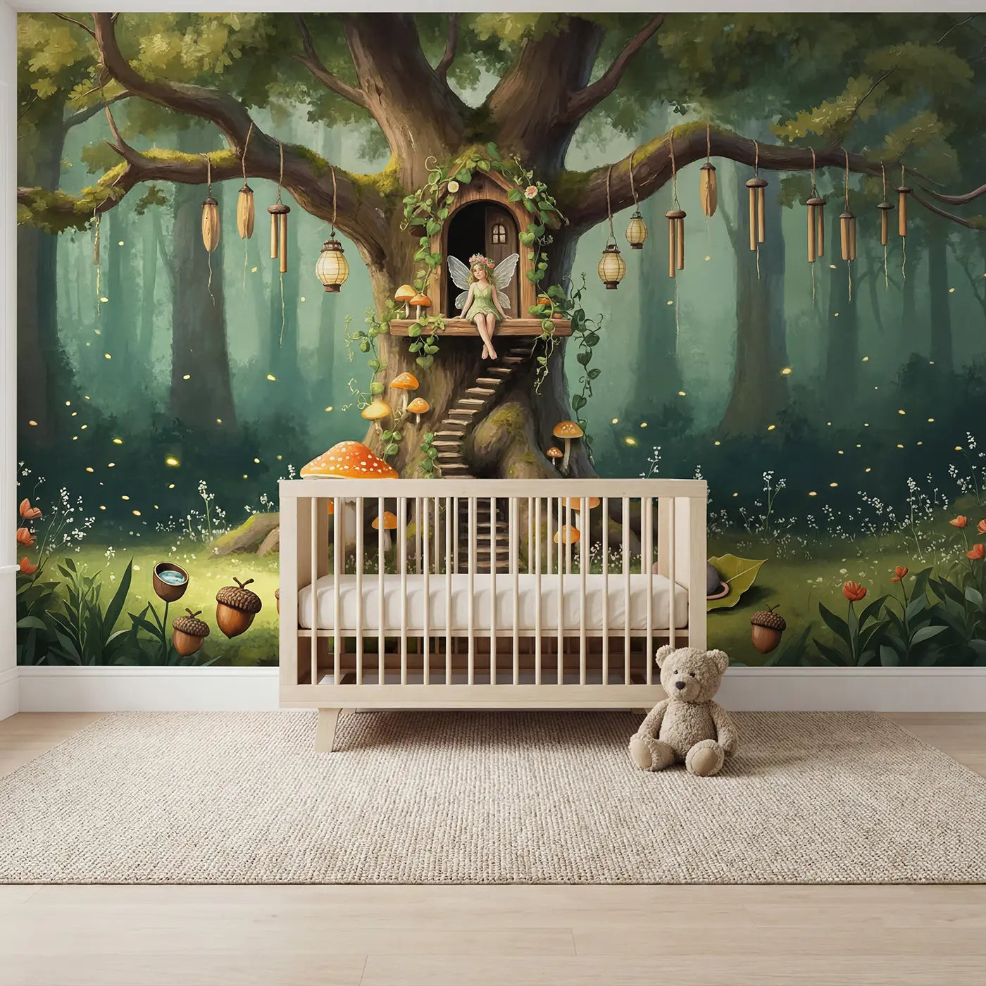 Soft pastel fairy and treehouse lagoon wallpaper mural for kids room by Whimsy Tots