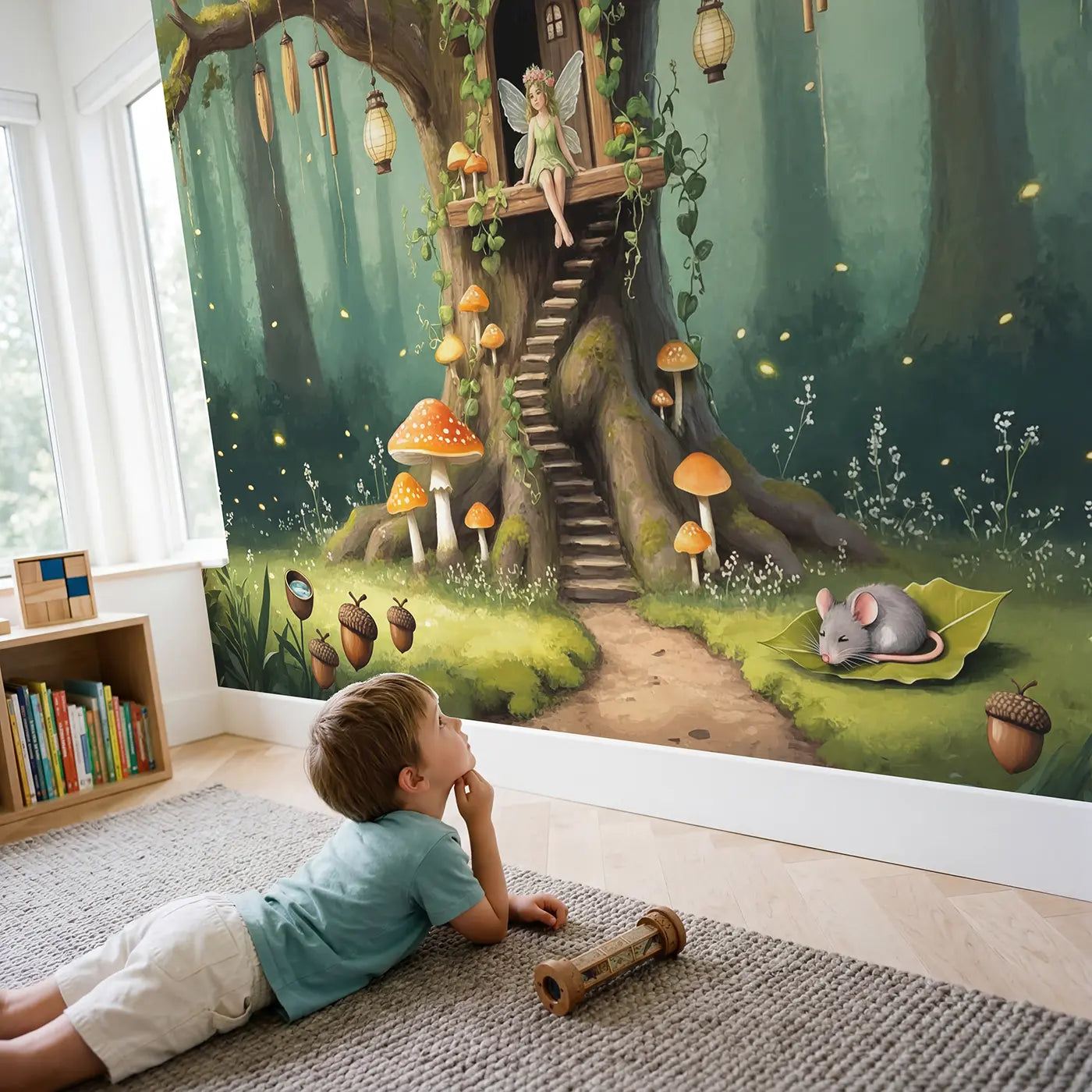 Child in nursery with Flower Fairy Treehouse Wallpaper Mural by Whimsy Tots