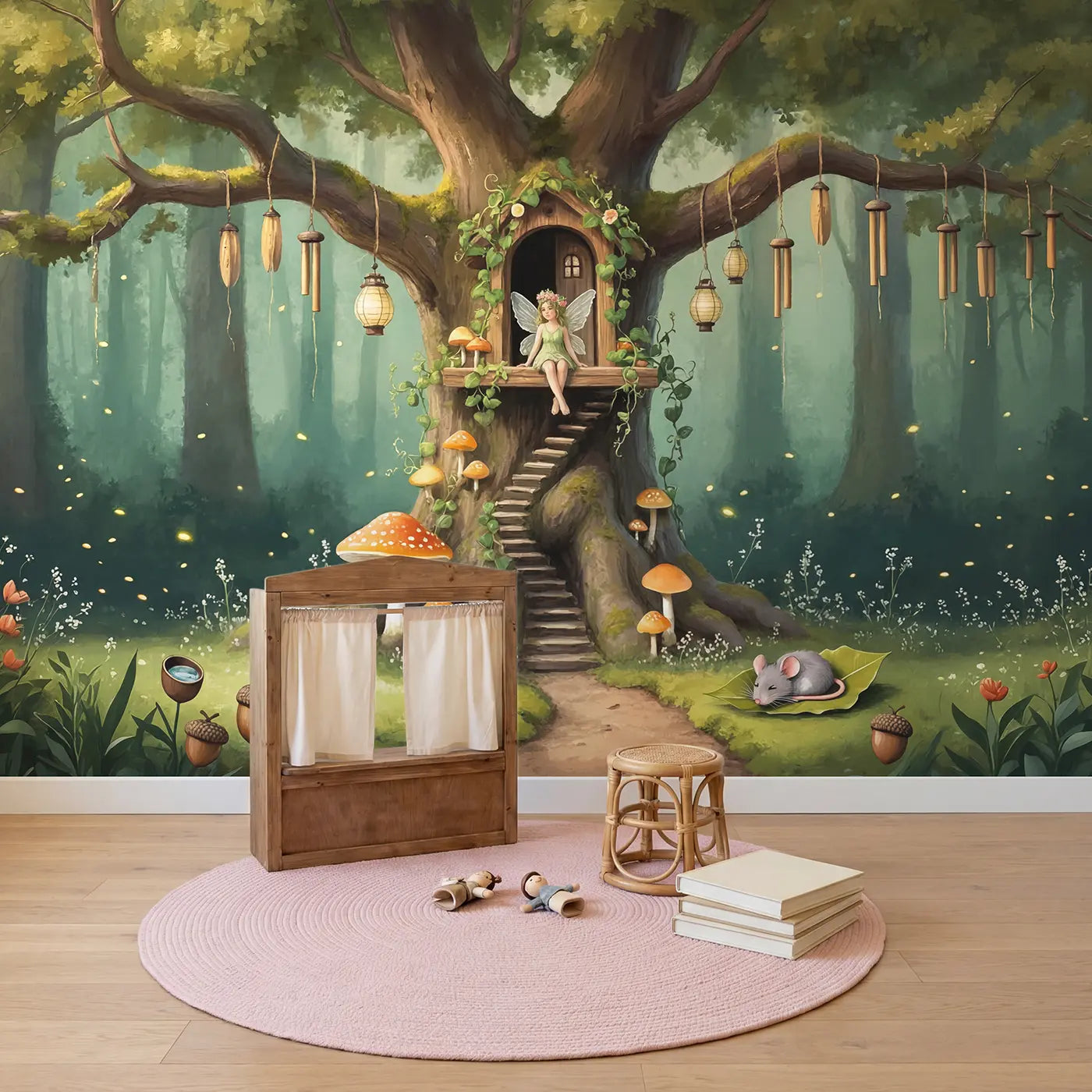 Flower Fairy Treehouse Wallpaper Mural in playroom setting by Whimsy Tots