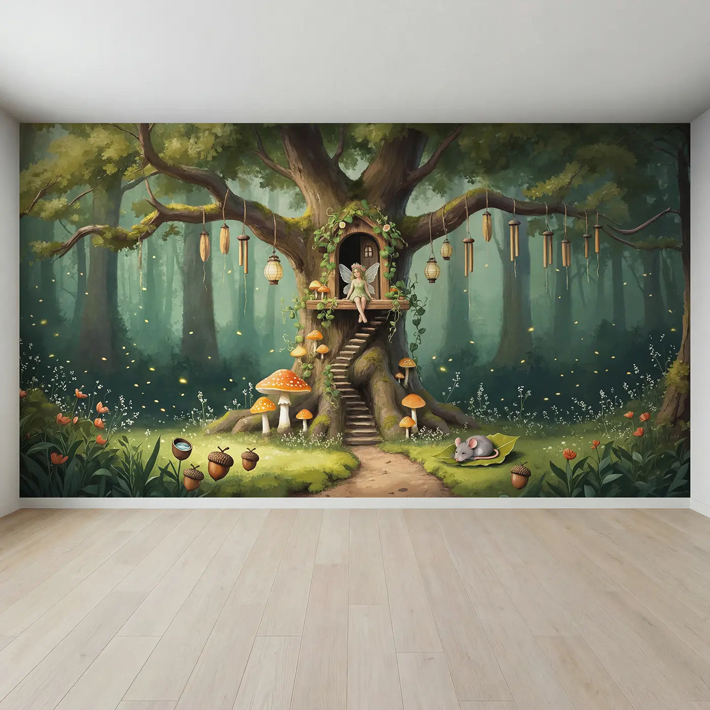Full view of Flower Fairy Treehouse Wallpaper Mural by Whimsy Tots