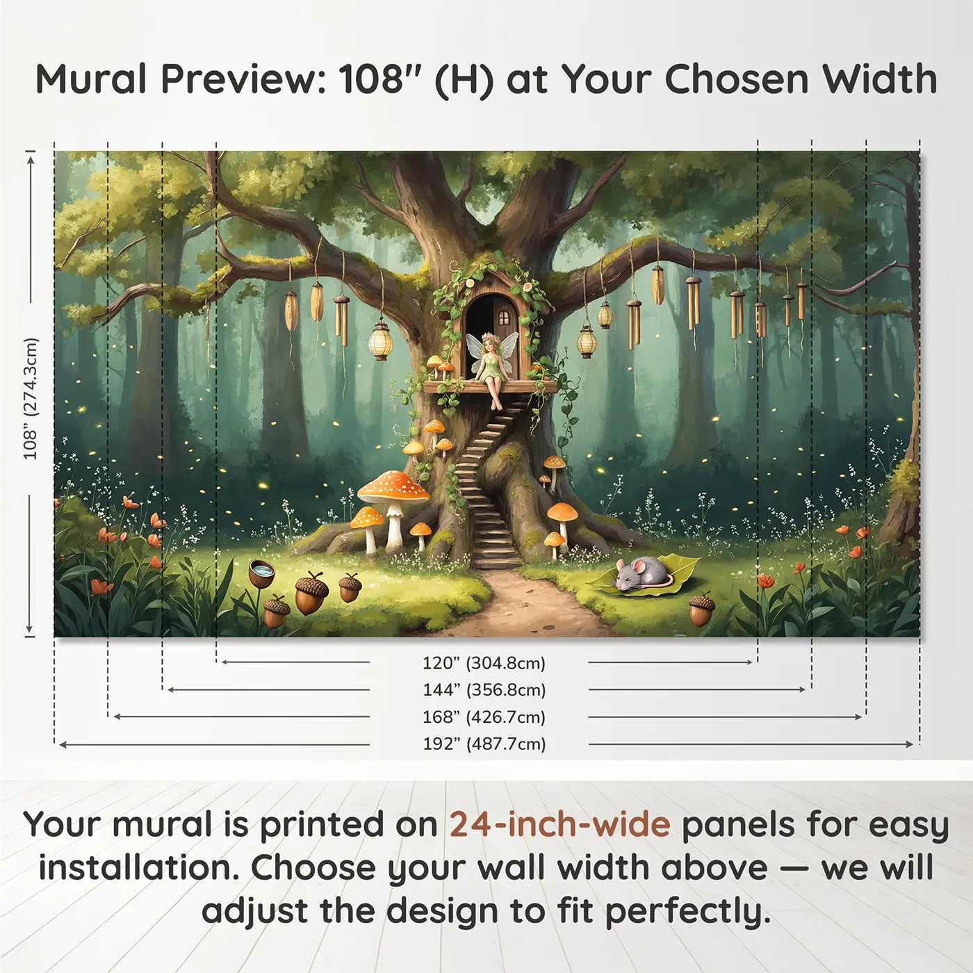 Panel layout and dimensions for Flower Fairy Treehouse Wallpaper Mural by Whimsy Tots