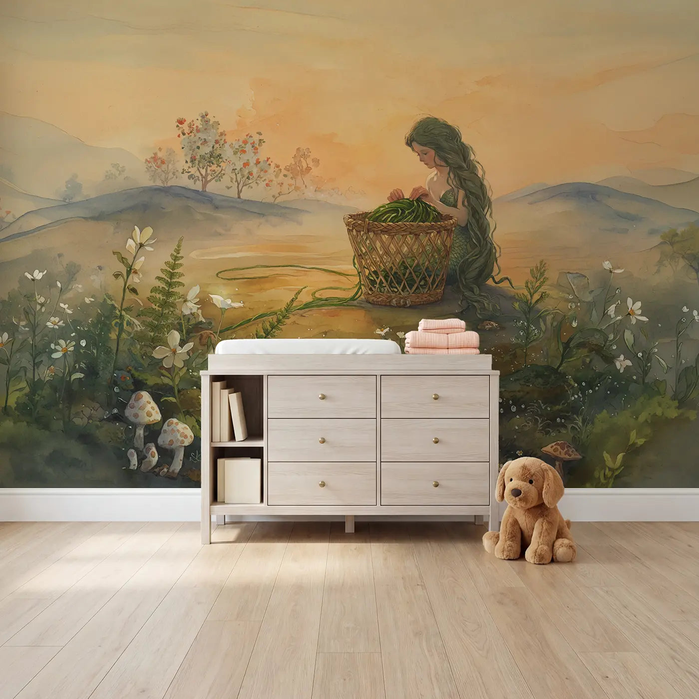 Watercolor mermaid braiding kelp shore wallpaper mural for nursery by Whimsy Tots