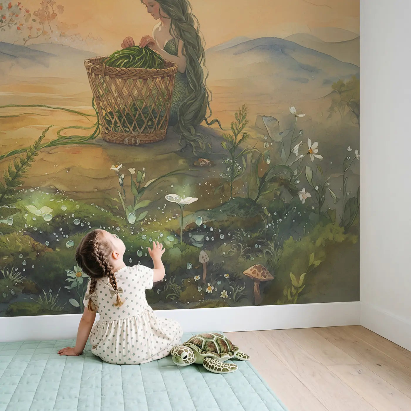 Child in nursery with Mermaid Braiding Kelp Basket Wallpaper Mural by Whimsy Tots