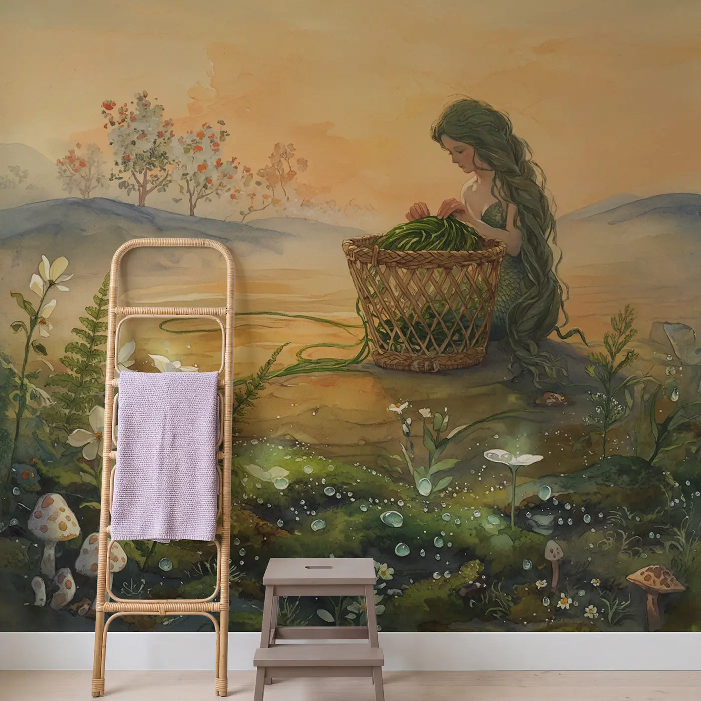 Mermaid Braiding Kelp Basket Wallpaper Mural in playroom setting by Whimsy Tots