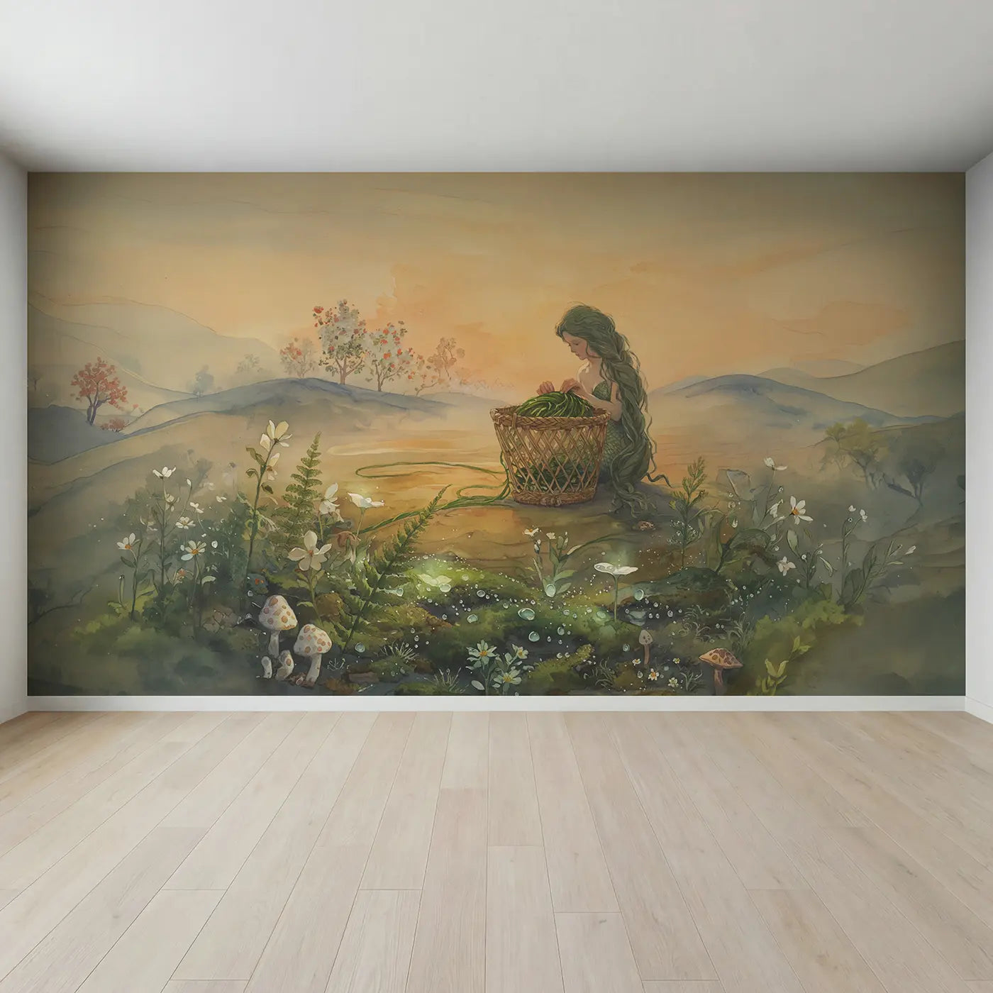 Full view of Mermaid Braiding Kelp Basket Wallpaper Mural by Whimsy Tots