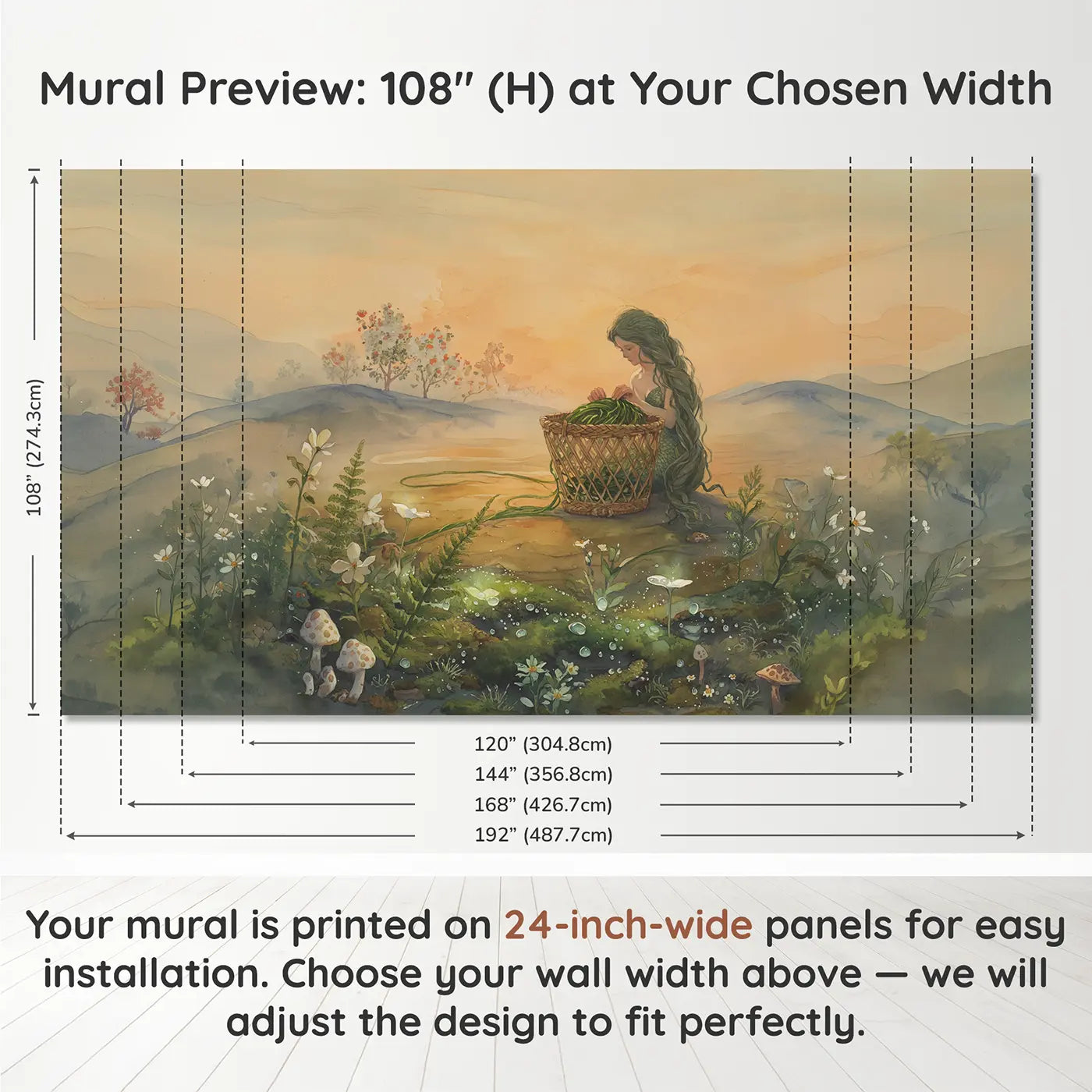 Panel layout and dimensions for Mermaid Braiding Kelp Basket Wallpaper Mural by Whimsy Tots