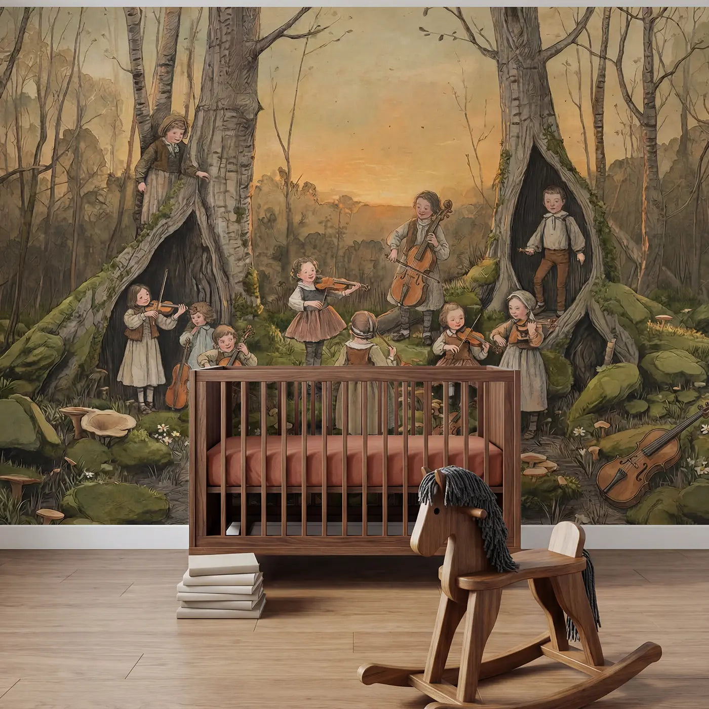 Storybook fairy orchestra woodland wallpaper mural for nursery by Whimsy Tots