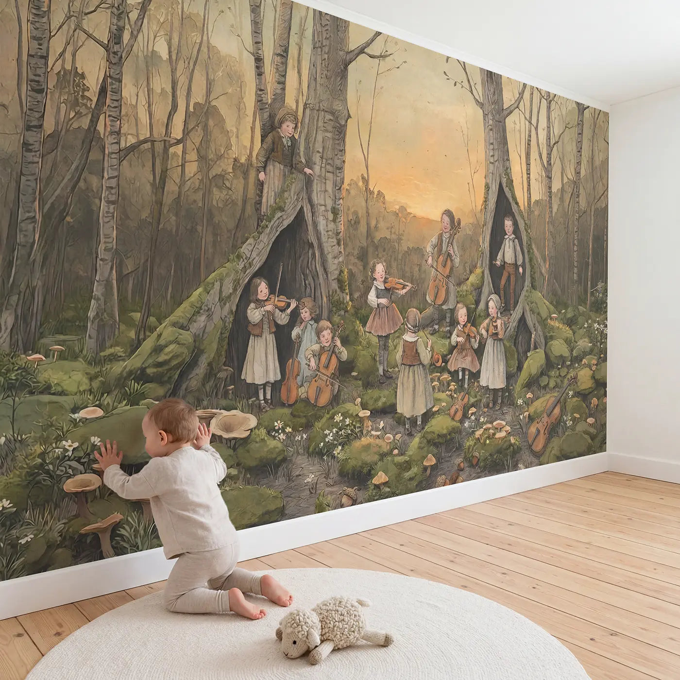 Child in nursery with Fairy Orchestra Practicing Hollow Wallpaper Mural by Whimsy Tots