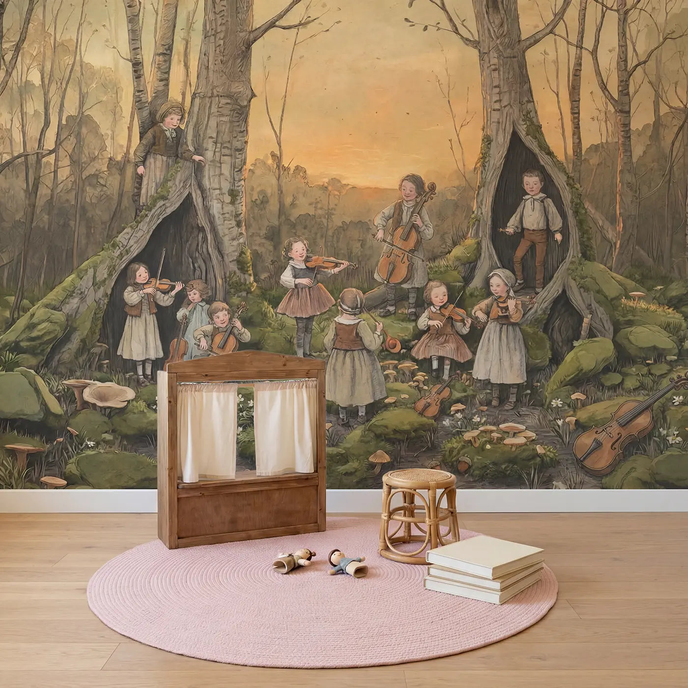 Fairy Orchestra Practicing Hollow Wallpaper Mural in playroom setting by Whimsy Tots