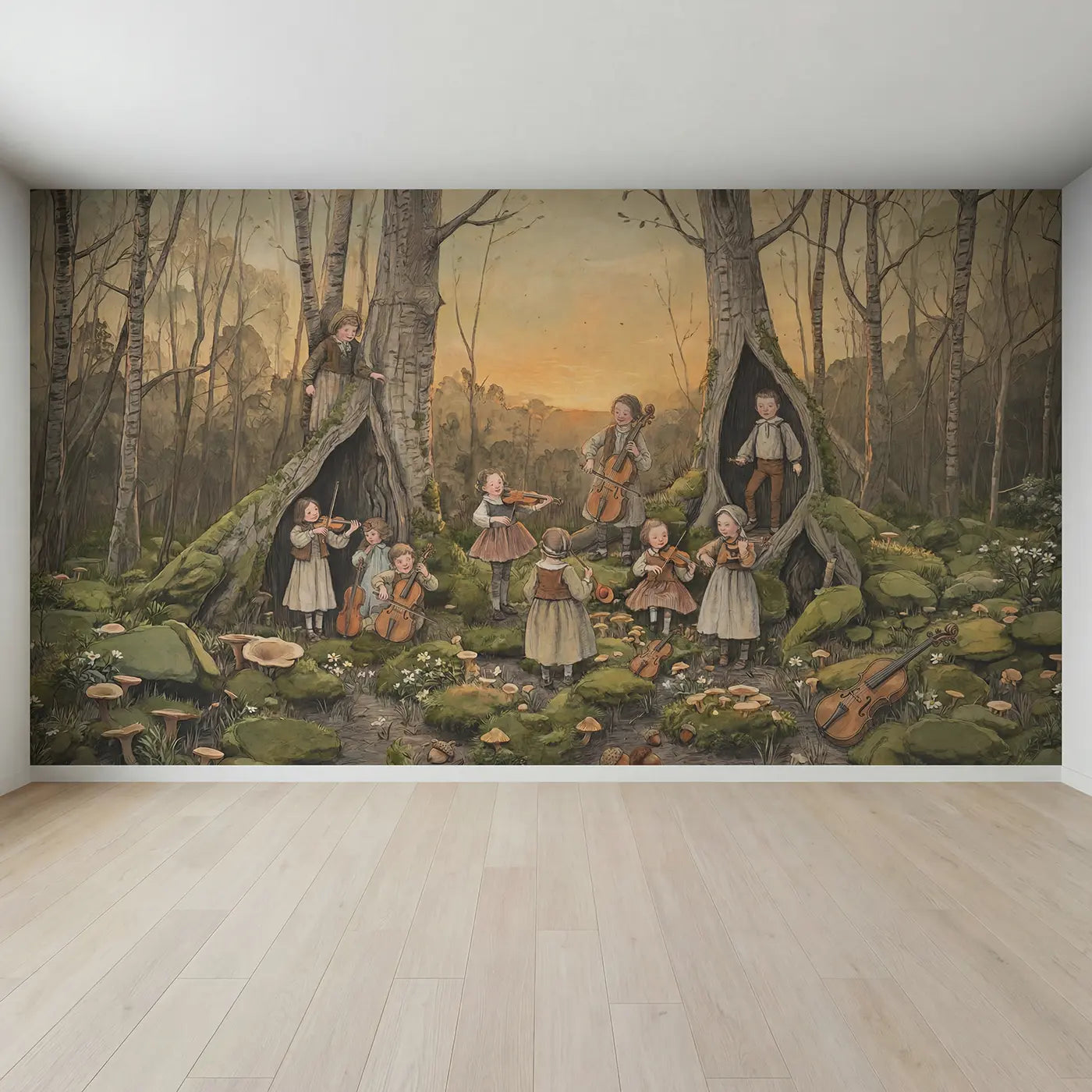 Full view of Fairy Orchestra Practicing Hollow Wallpaper Mural by Whimsy Tots