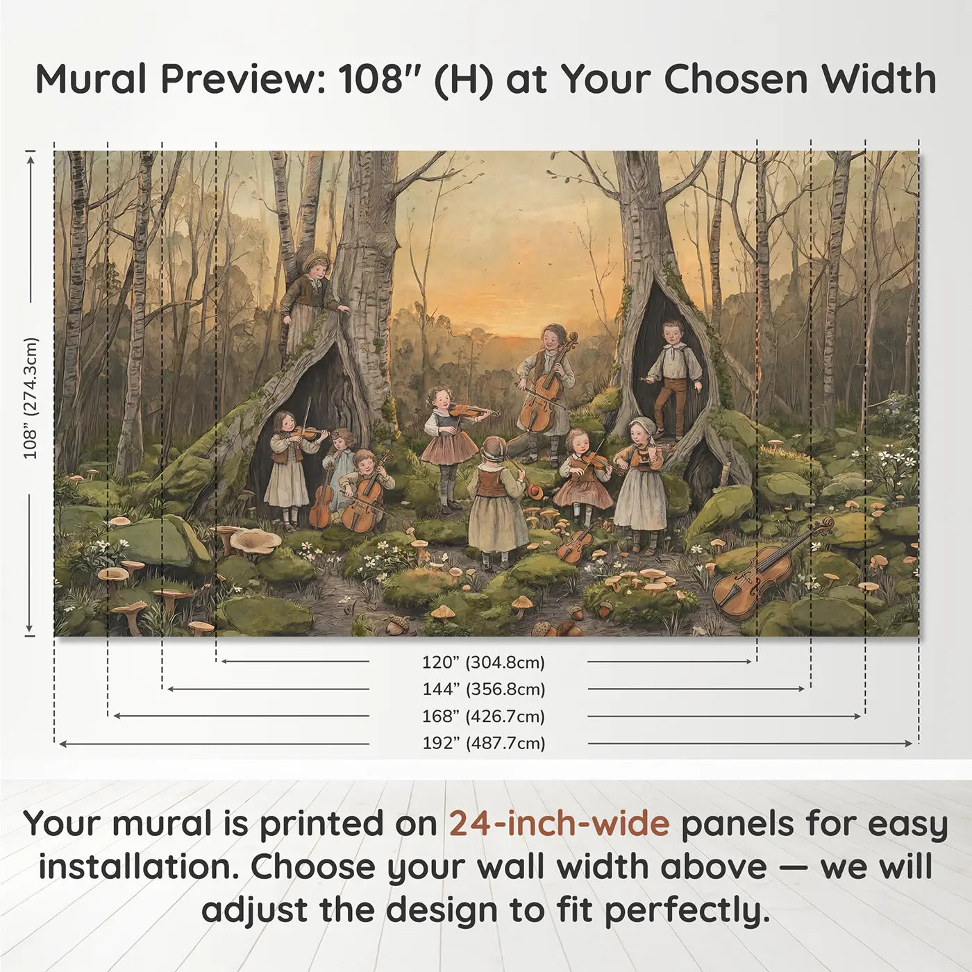 Panel layout and dimensions for Fairy Orchestra Practicing Hollow Wallpaper Mural by Whimsy Tots