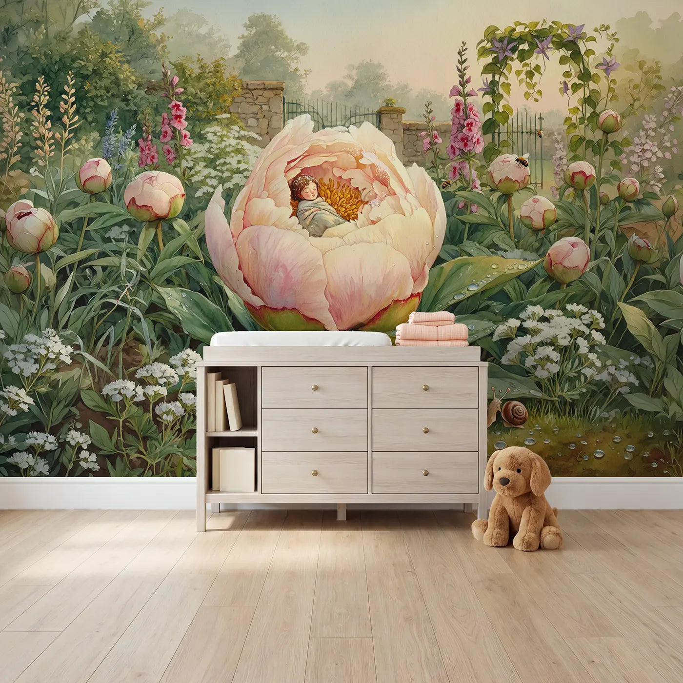 Watercolor sleeping fairy flower bud pond wallpaper mural for girls room by Whimsy Tots