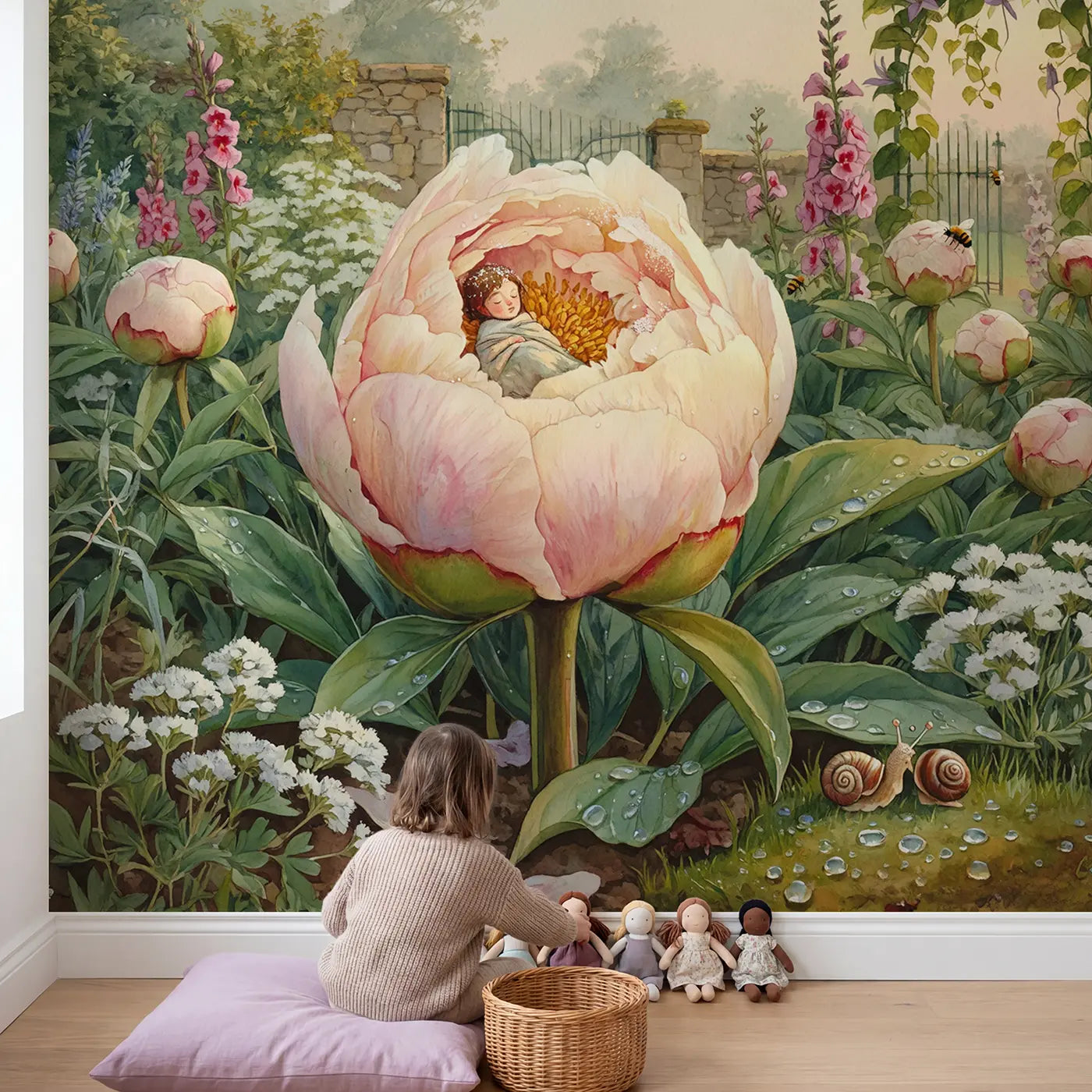 Child in nursery with Sleeping Bud Fairy Wallpaper Mural by Whimsy Tots