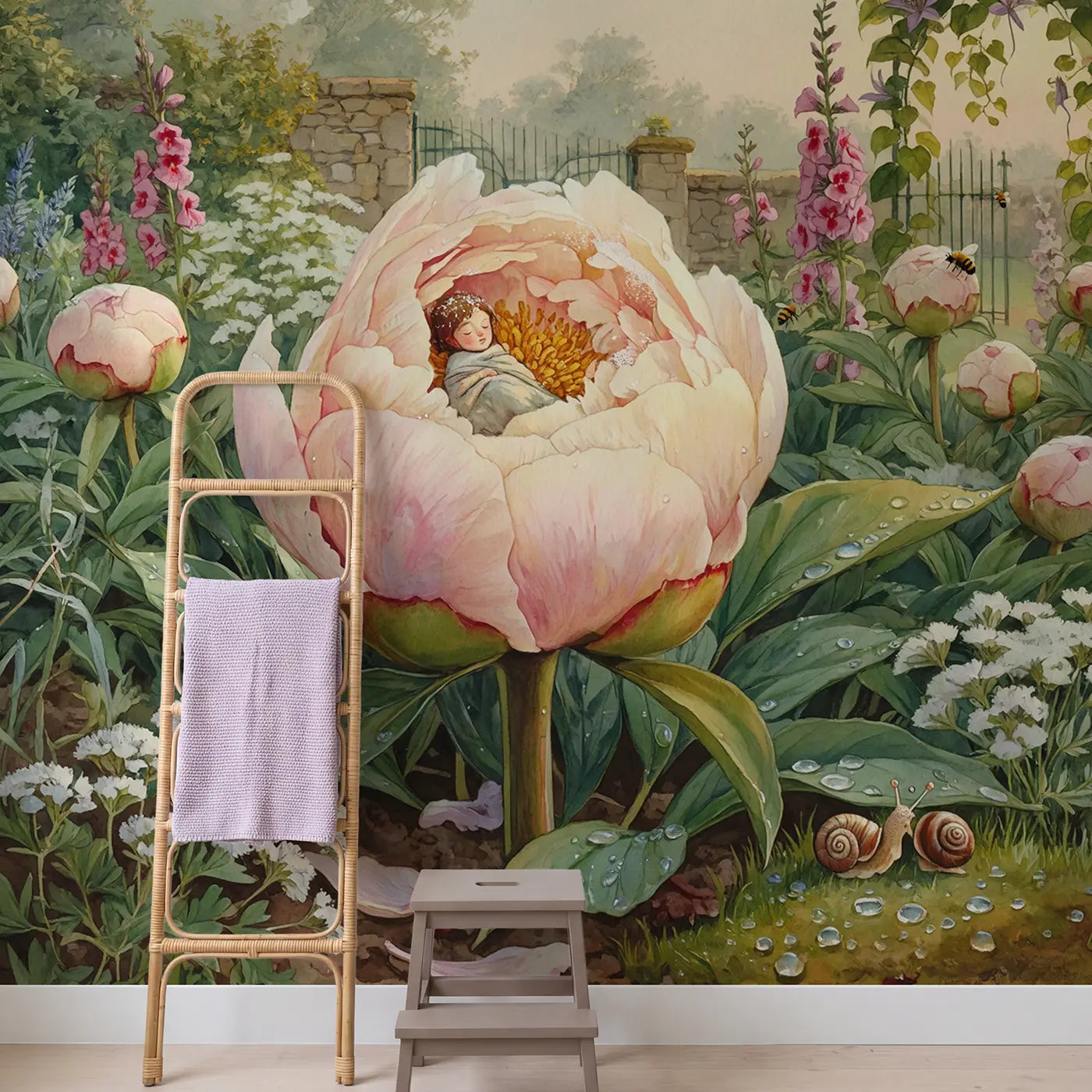 Sleeping Bud Fairy Wallpaper Mural in playroom setting by Whimsy Tots