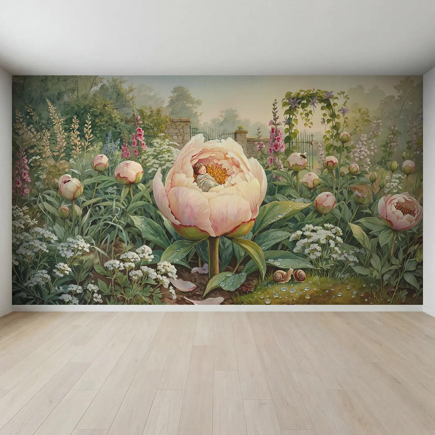 Full view of Sleeping Bud Fairy Wallpaper Mural by Whimsy Tots