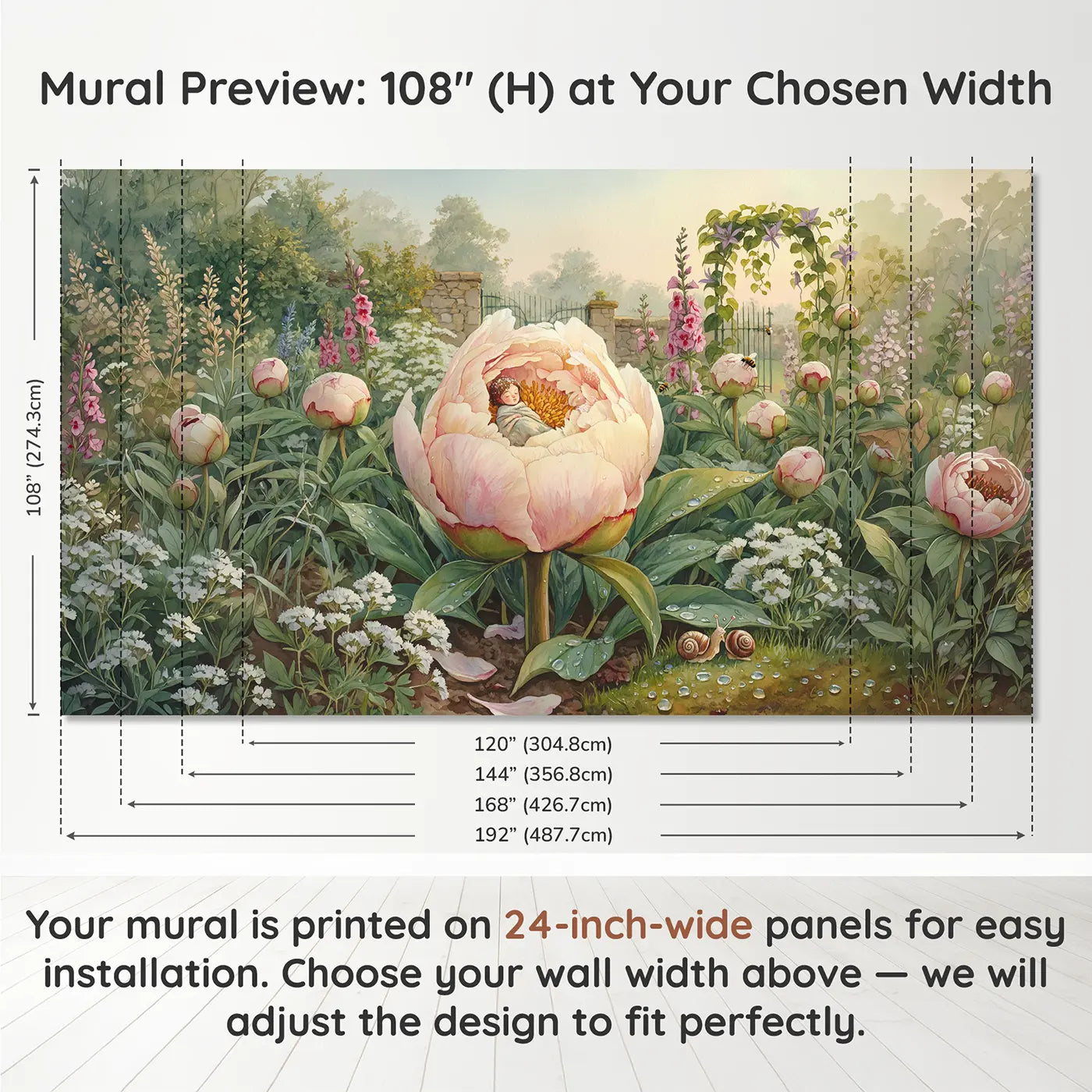 Panel layout and dimensions for Sleeping Bud Fairy Wallpaper Mural by Whimsy Tots