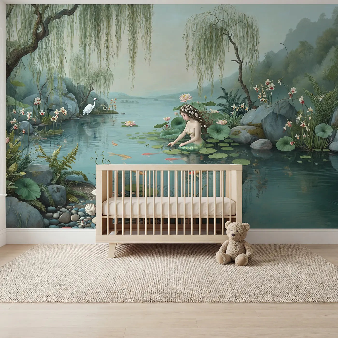 Botanical elegance mermaid and lily pad lagoon wallpaper mural for nursery by Whimsy Tots