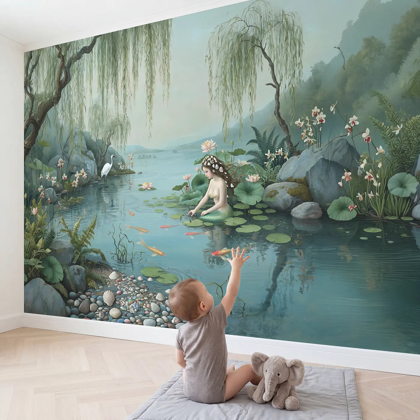 Child in nursery with Chinoiserie Mermaid Lagoon Wallpaper Mural by Whimsy Tots