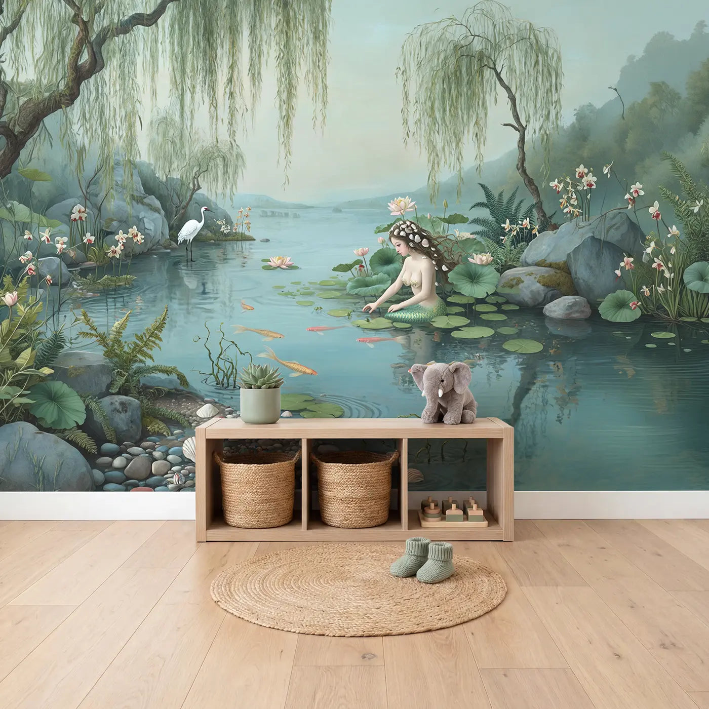Chinoiserie Mermaid Lagoon Wallpaper Mural in playroom setting by Whimsy Tots