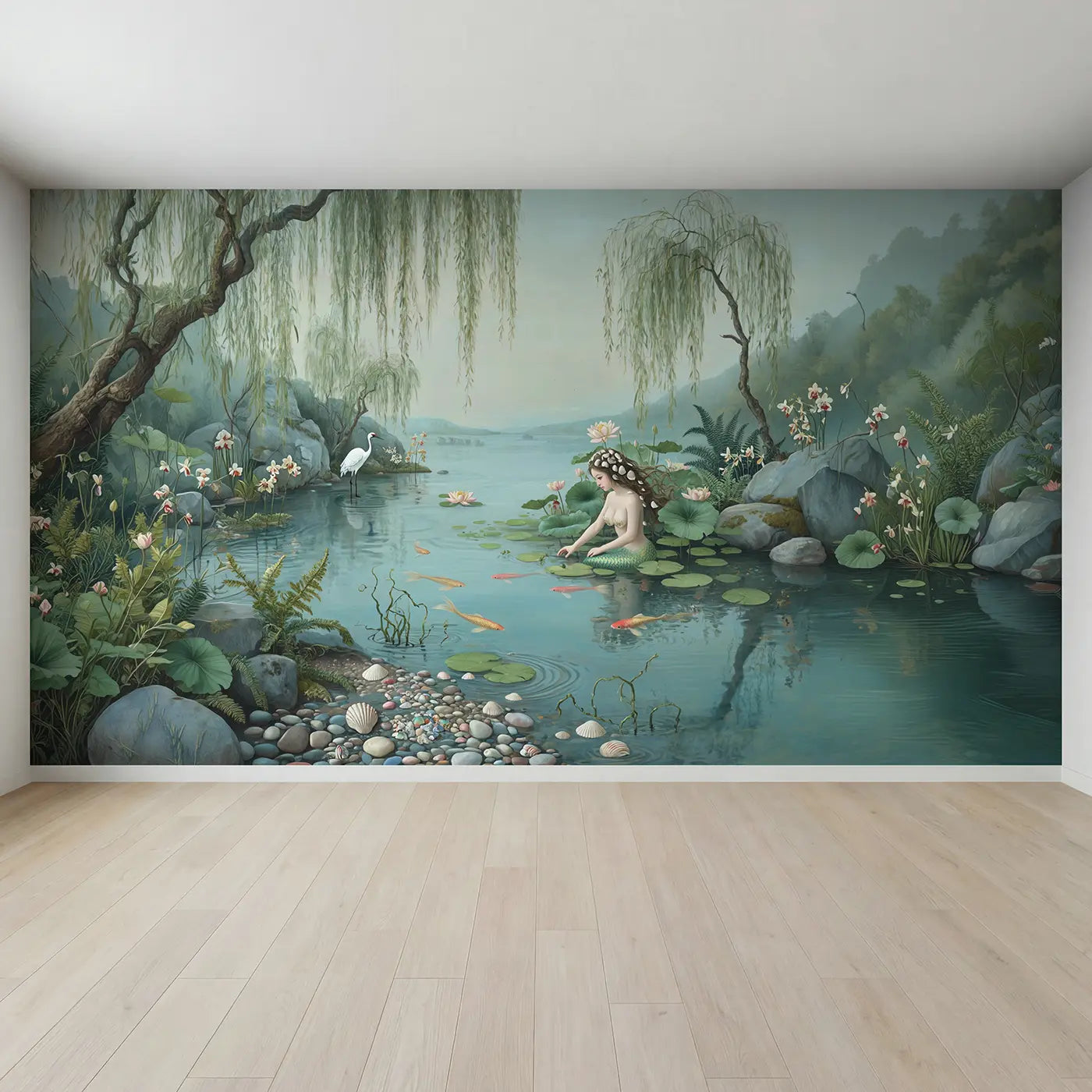 Full view of Chinoiserie Mermaid Lagoon Wallpaper Mural by Whimsy Tots