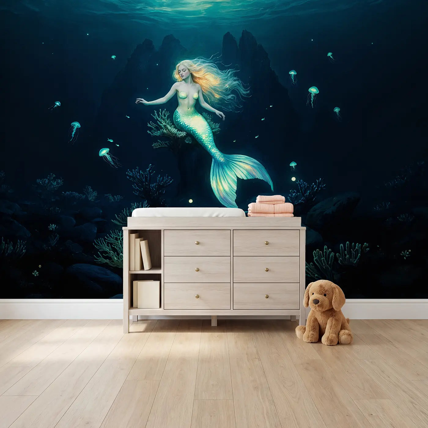 Soft pastel mermaid and shell wallpaper mural for girls room by Whimsy Tots