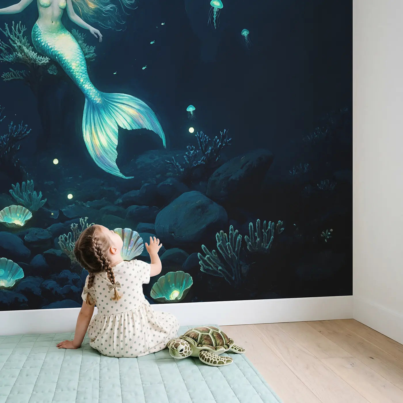 Child in nursery with Glowing Hair Deep Sea Mermaid Wallpaper Mural by Whimsy Tots
