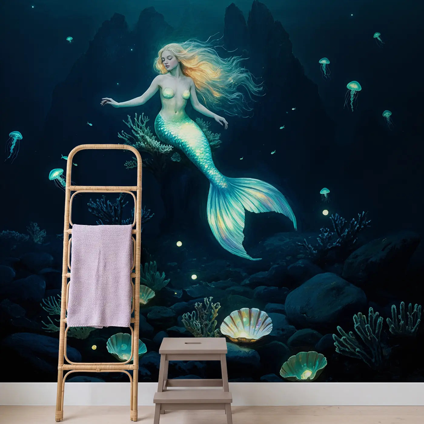 Glowing Hair Deep Sea Mermaid Wallpaper Mural in playroom setting by Whimsy Tots