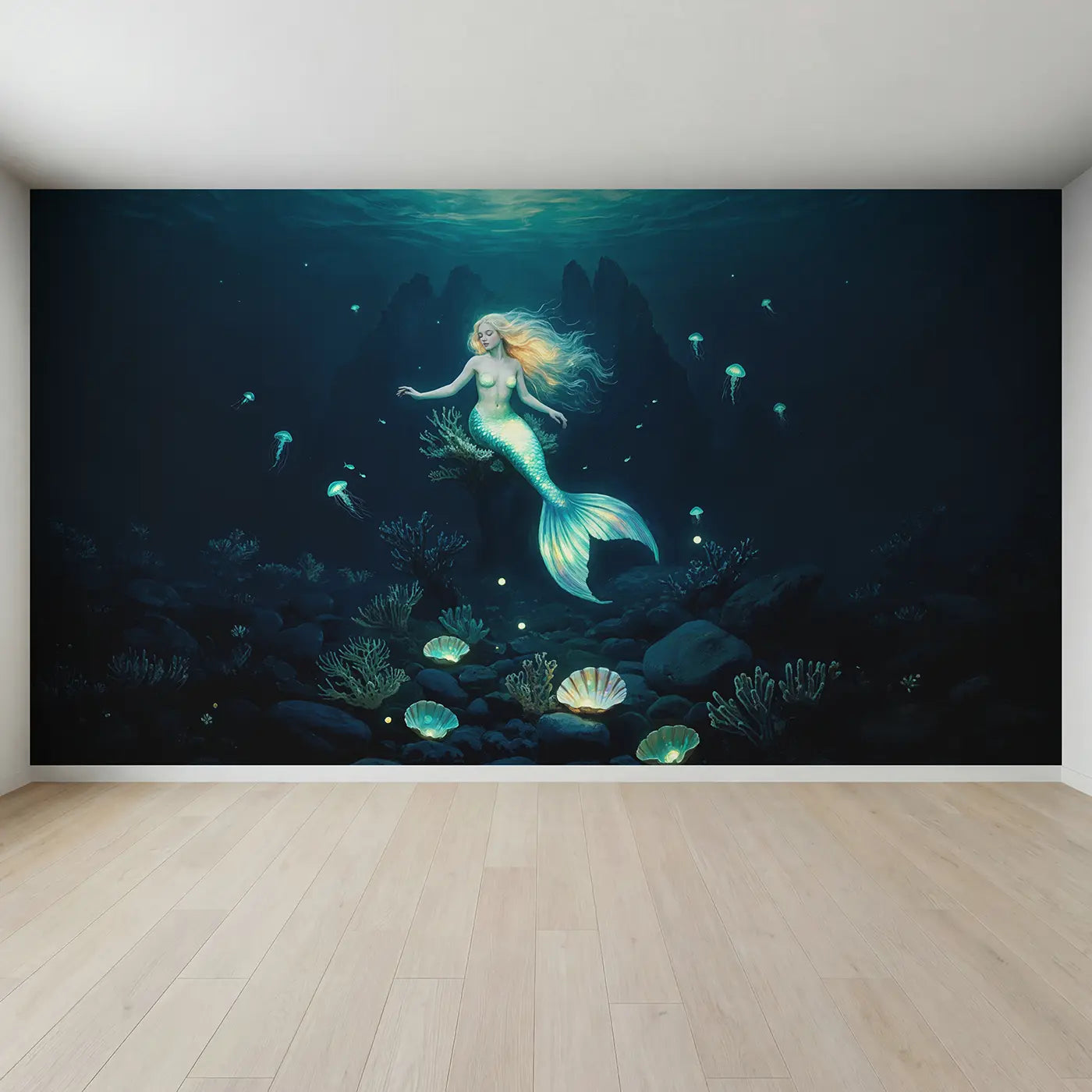 Full view of Glowing Hair Deep Sea Mermaid Wallpaper Mural by Whimsy Tots