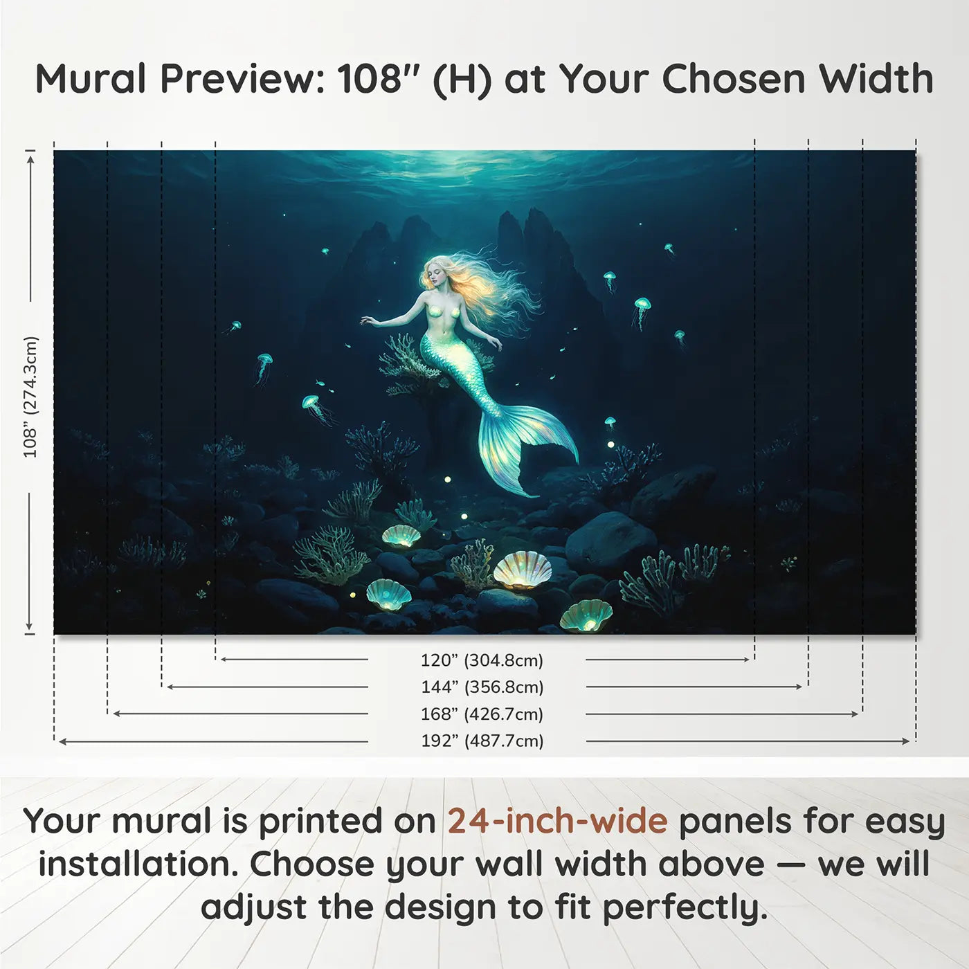 Panel layout and dimensions for Glowing Hair Deep Sea Mermaid Wallpaper Mural by Whimsy Tots