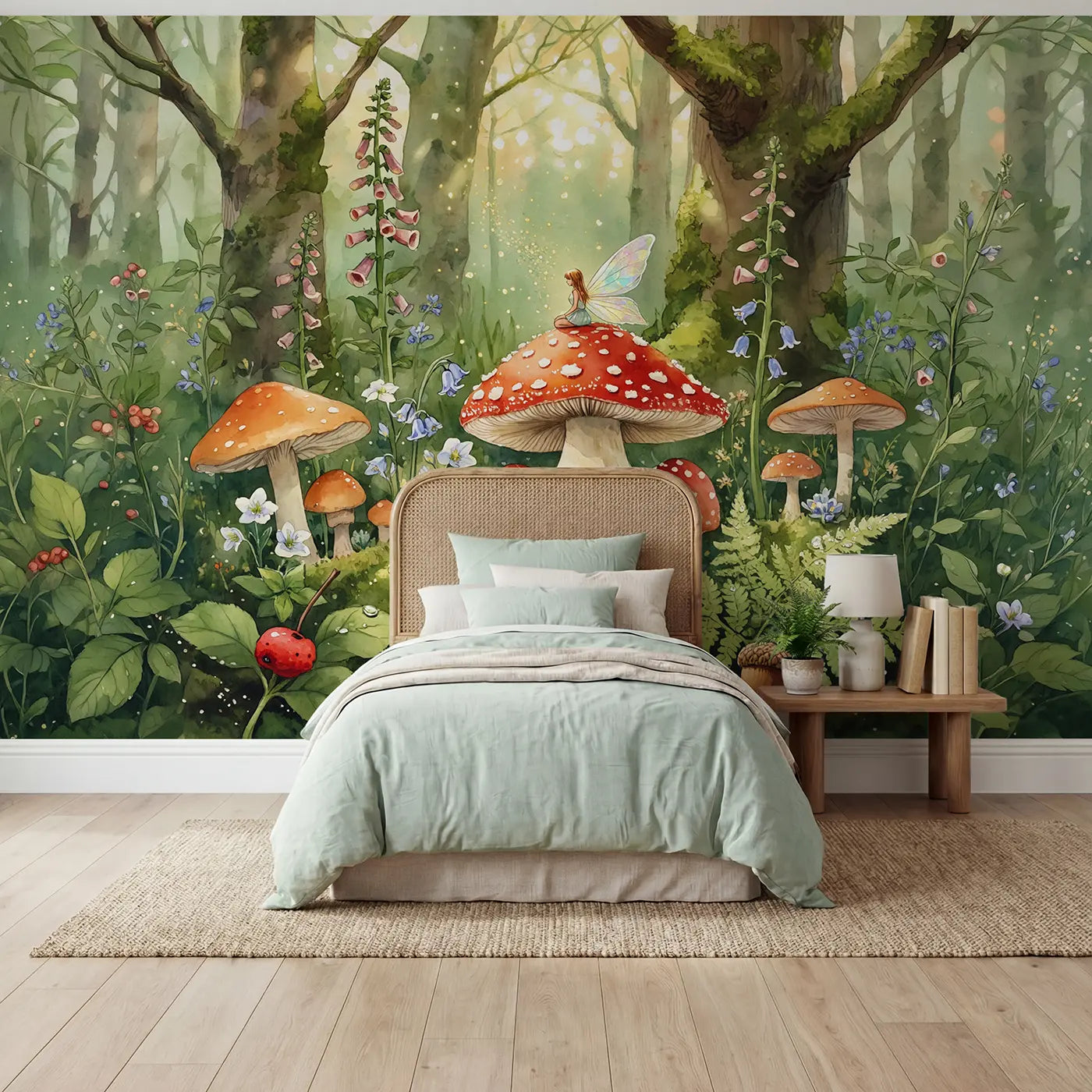 Watercolor fairy on mushroom cap wallpaper mural for kids room by Whimsy Tots